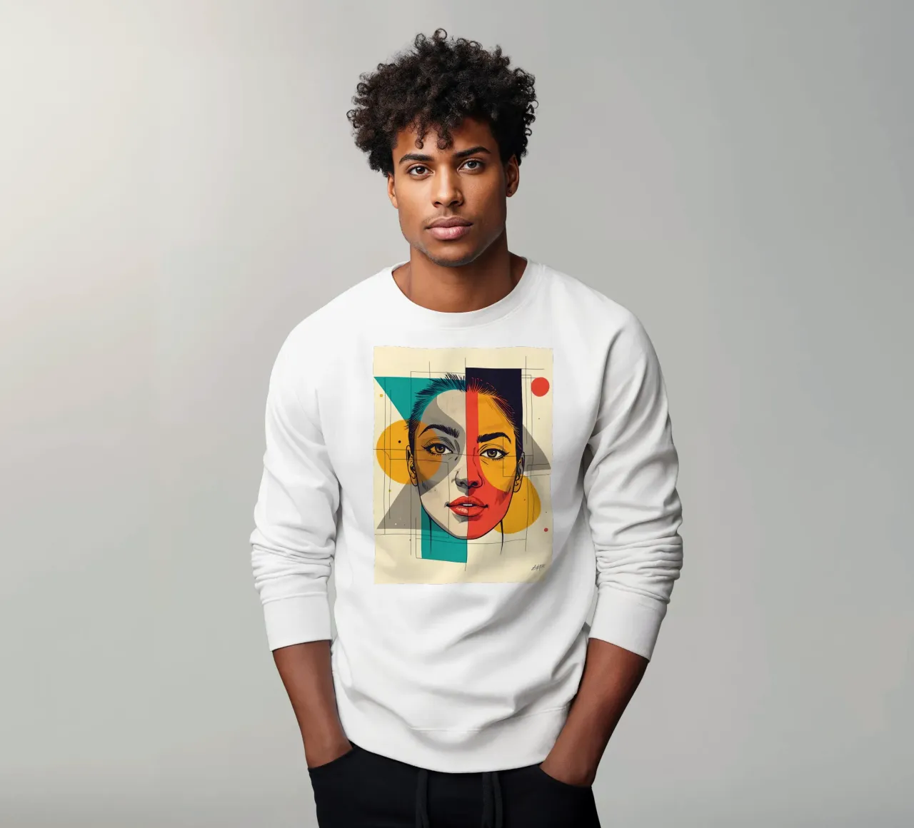 Geometrisch portret van een vrouw met verdeeld kleurenschema sweatshirt van DesignDoodle