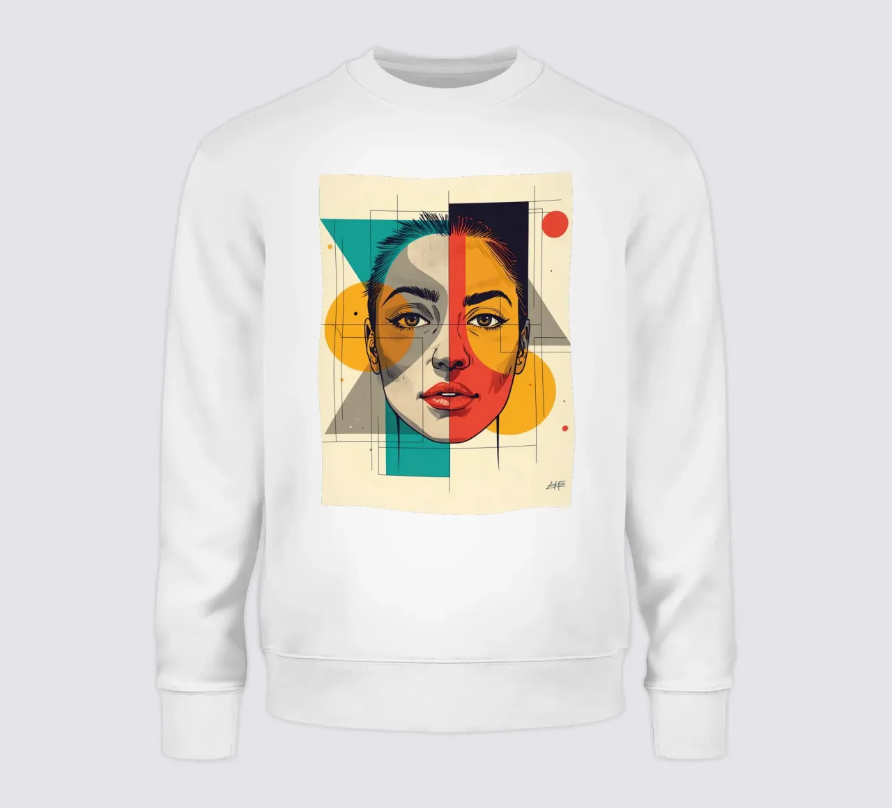 Geometrisch portret van een vrouw met verdeeld kleurenschema sweatshirt van DesignDoodle