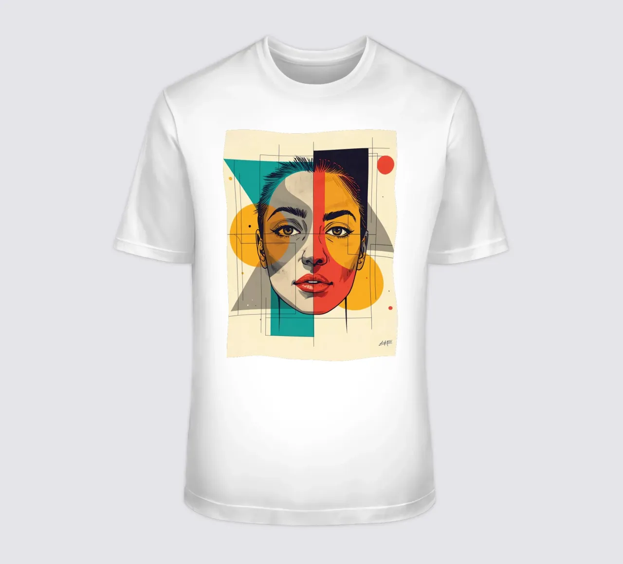 Ritratto geometrico di una donna con schema di colori diviso t-shirt da DesignDoodle