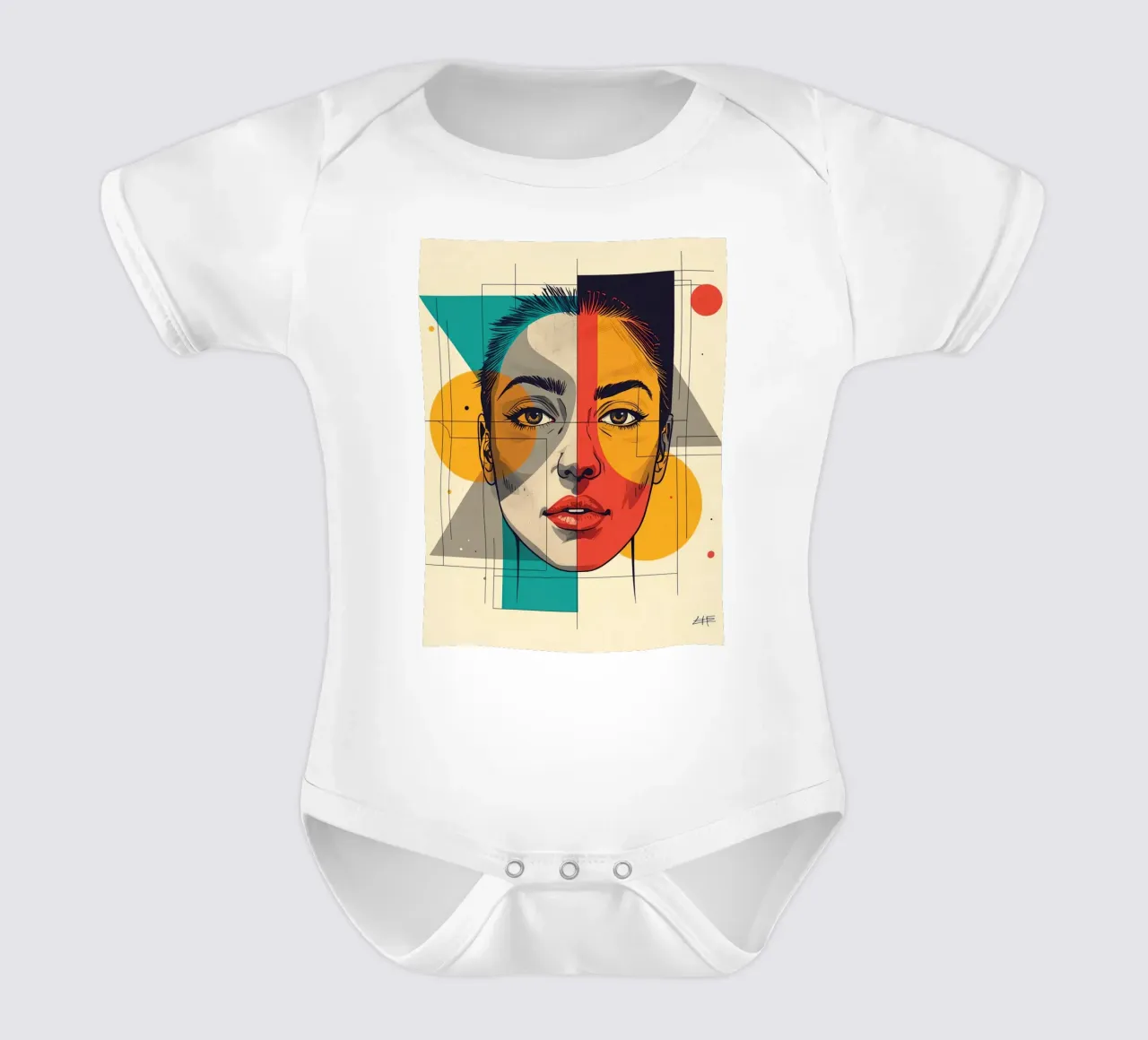 Ritratto geometrico di una donna con schema di colori diviso body neonato maniche corte da DesignDoodle