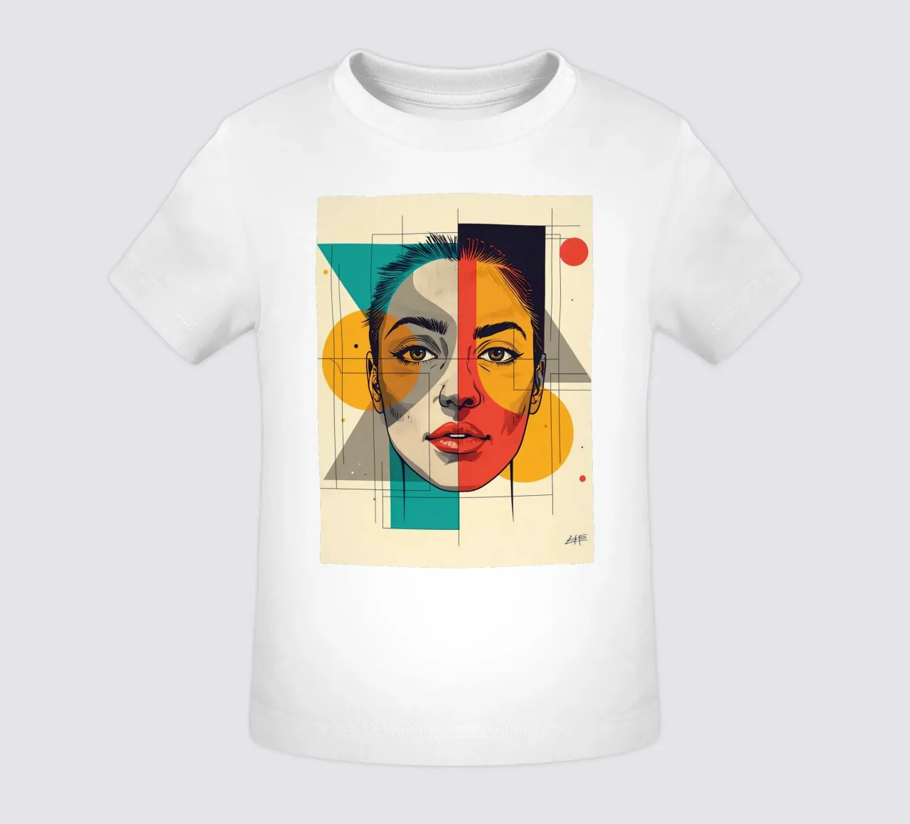 Ritratto geometrico di una donna con schema di colori diviso maglietta neonato da DesignDoodle