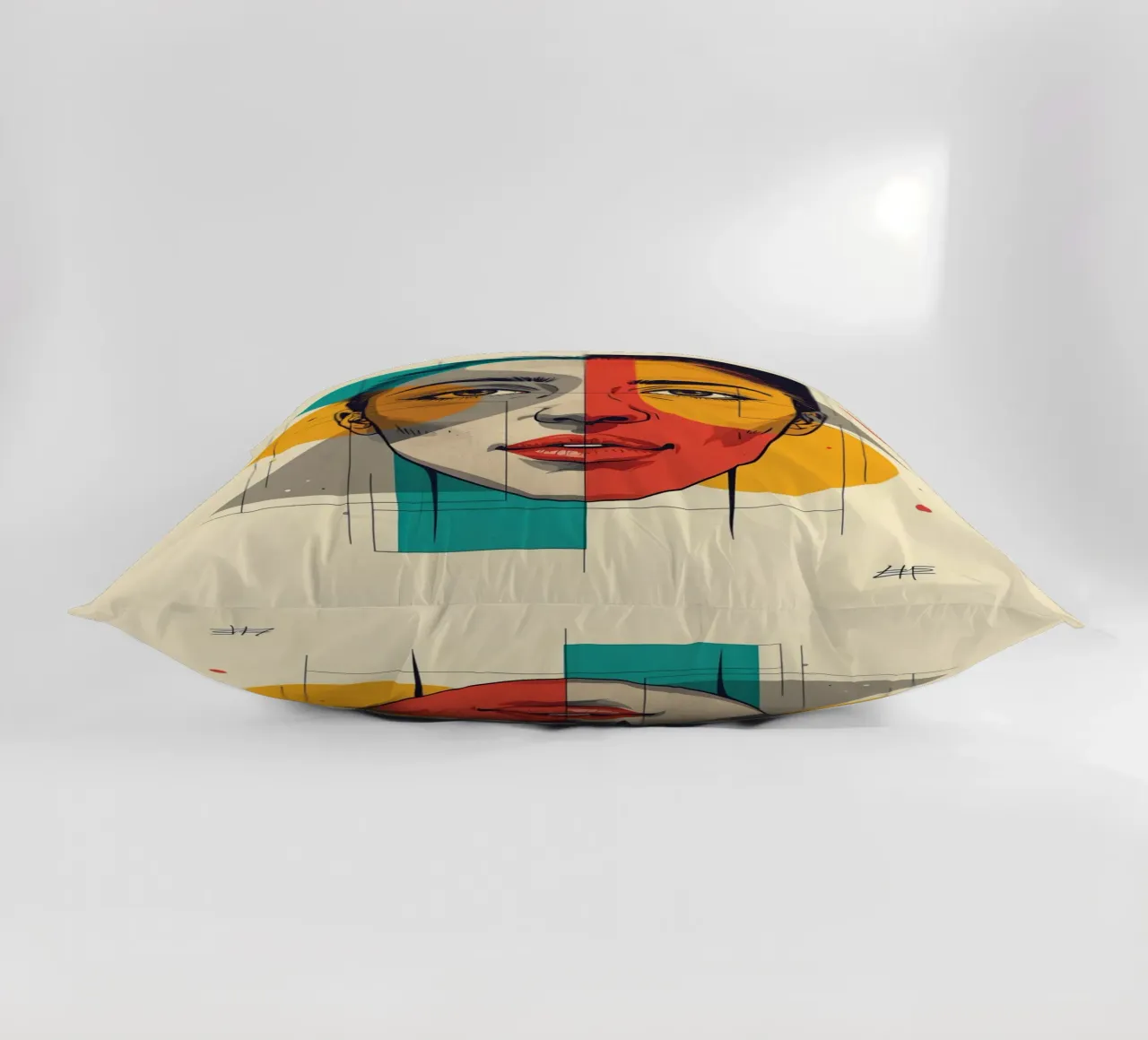 Ritratto geometrico di una donna con schema di colori diviso cuscino da DesignDoodle
