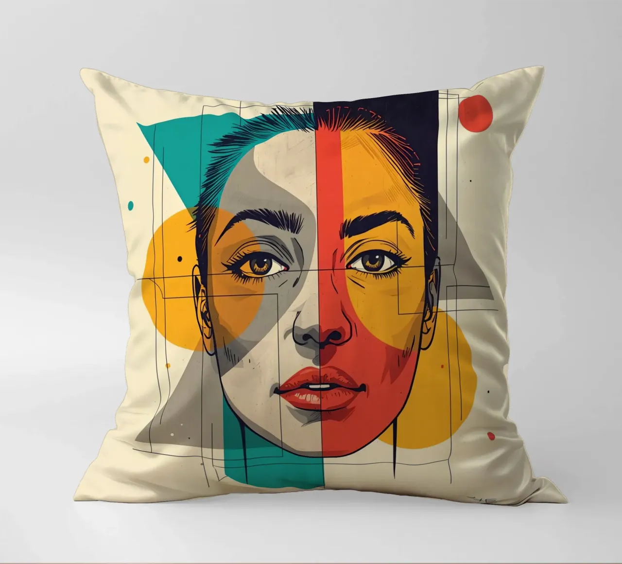 Ritratto geometrico di una donna con schema di colori diviso cuscino da DesignDoodle