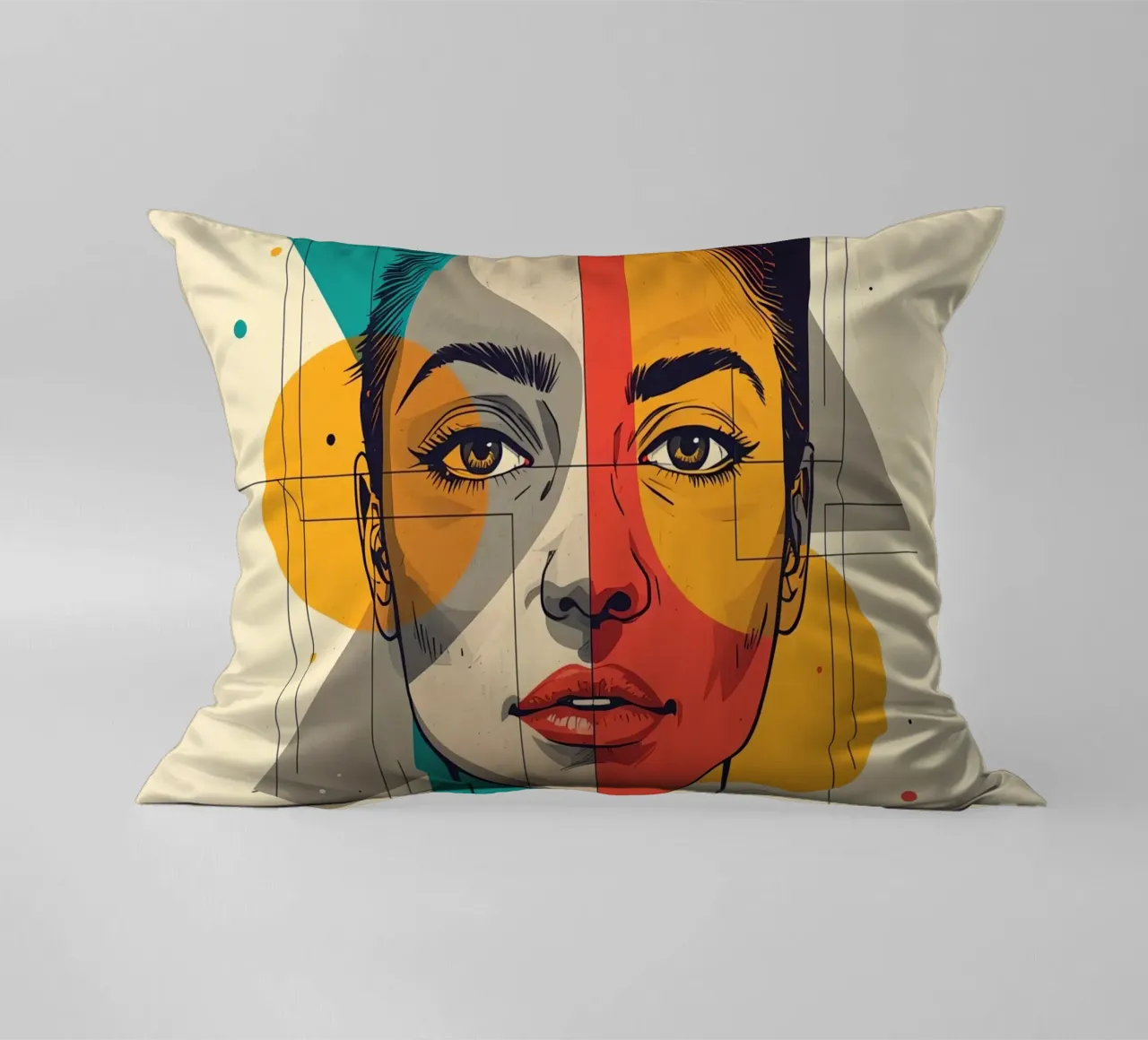 Ritratto geometrico di una donna con schema di colori diviso cuscino da DesignDoodle