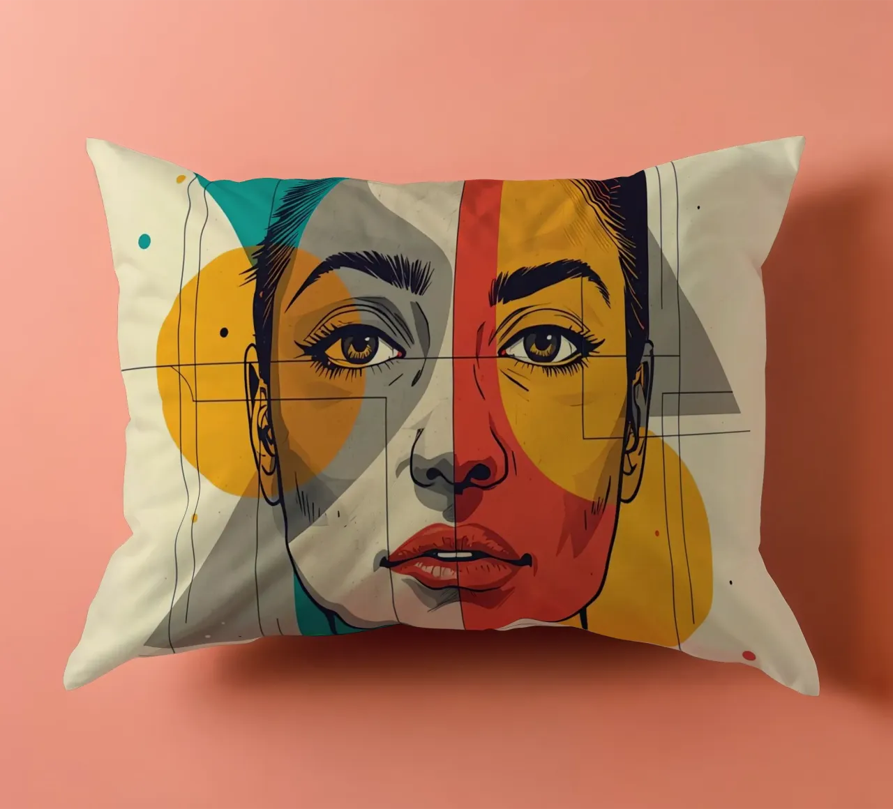 Ritratto geometrico di una donna con schema di colori diviso cuscino da DesignDoodle