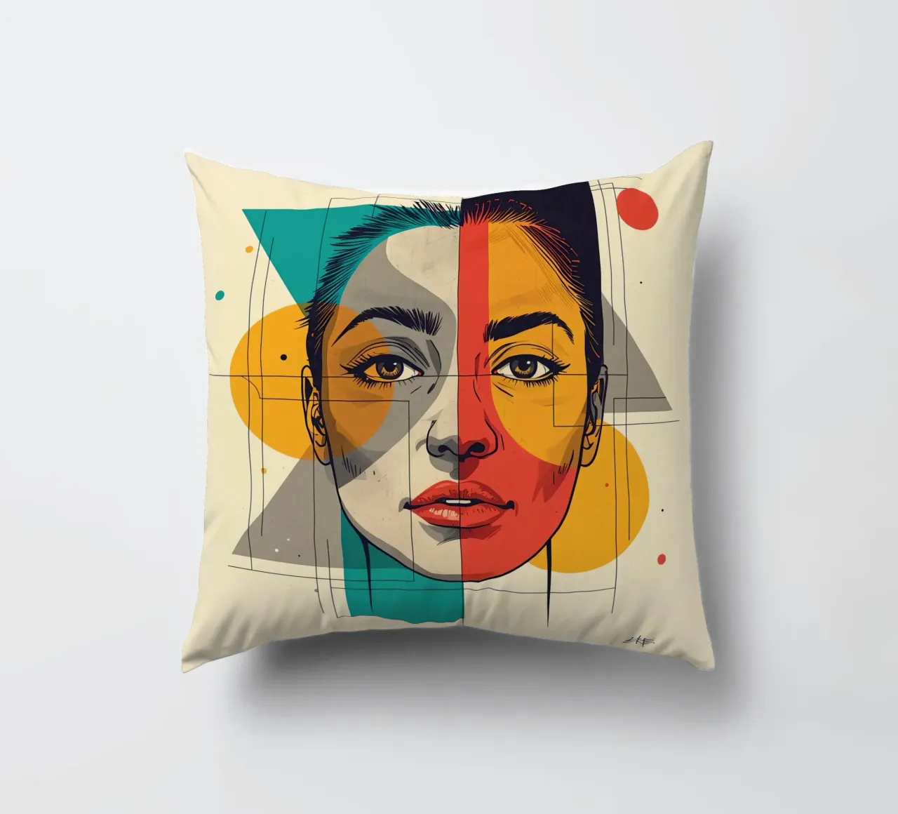 Ritratto geometrico di una donna con schema di colori diviso cuscino da DesignDoodle