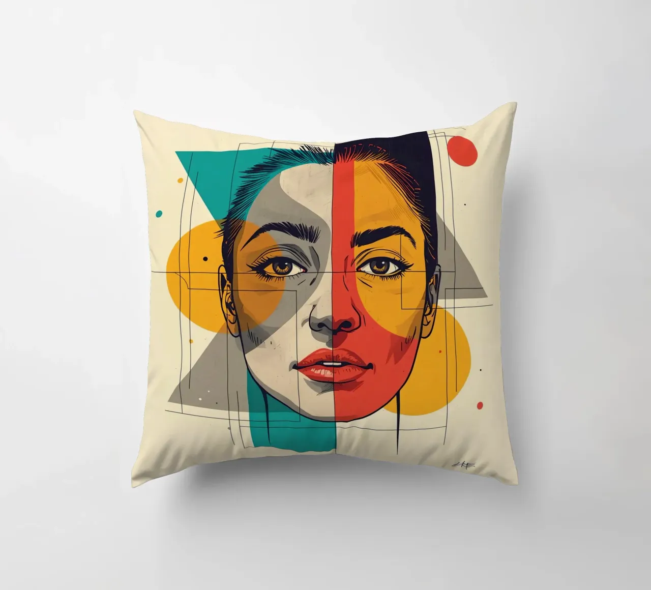 Ritratto geometrico di una donna con schema di colori diviso cuscino da DesignDoodle