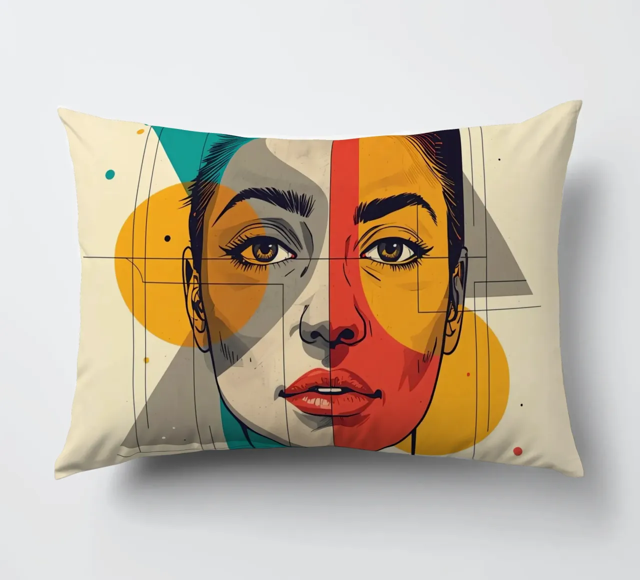 Ritratto geometrico di una donna con schema di colori diviso cuscino da DesignDoodle