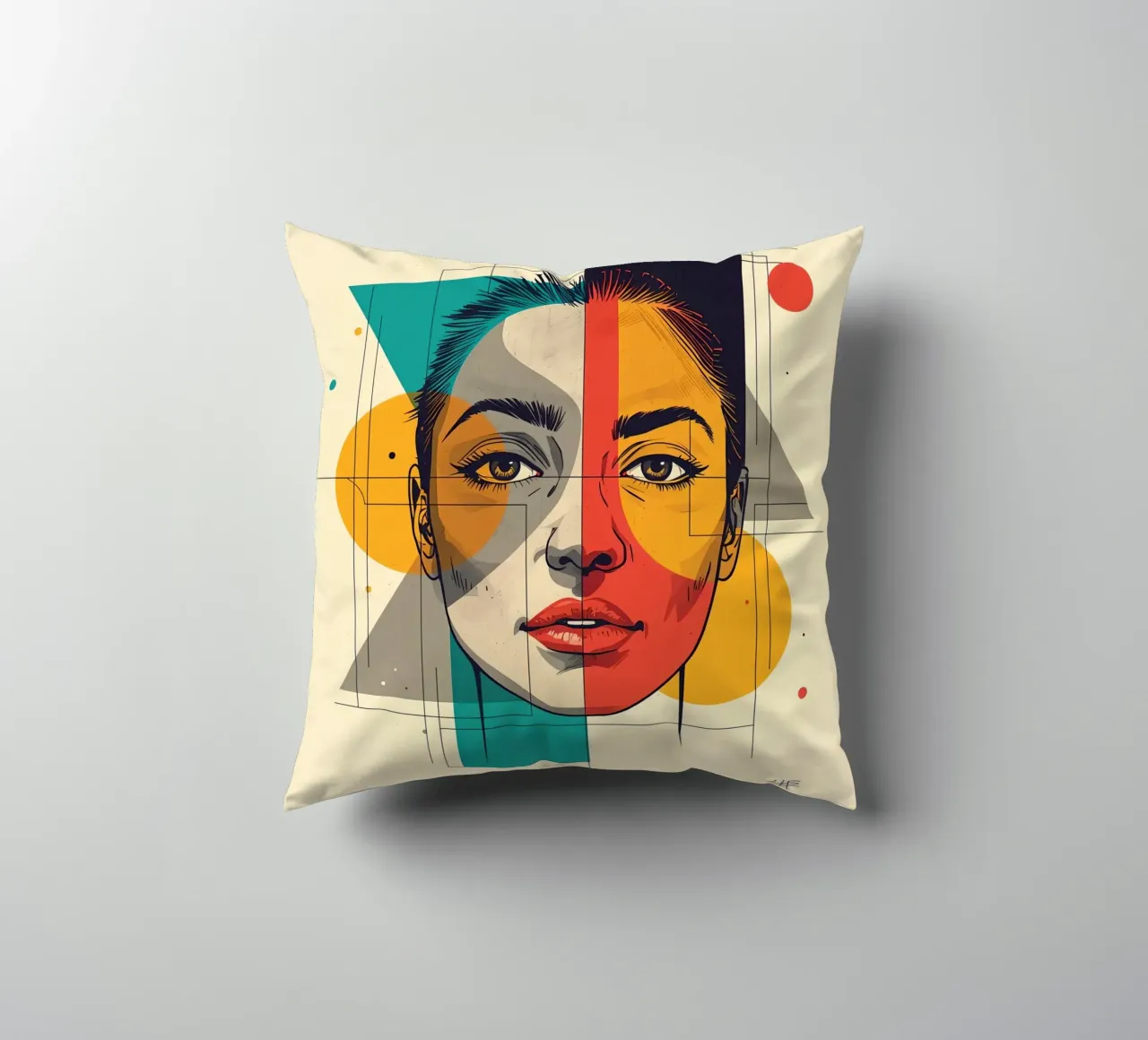 Ritratto geometrico di una donna con schema di colori diviso cuscino da DesignDoodle