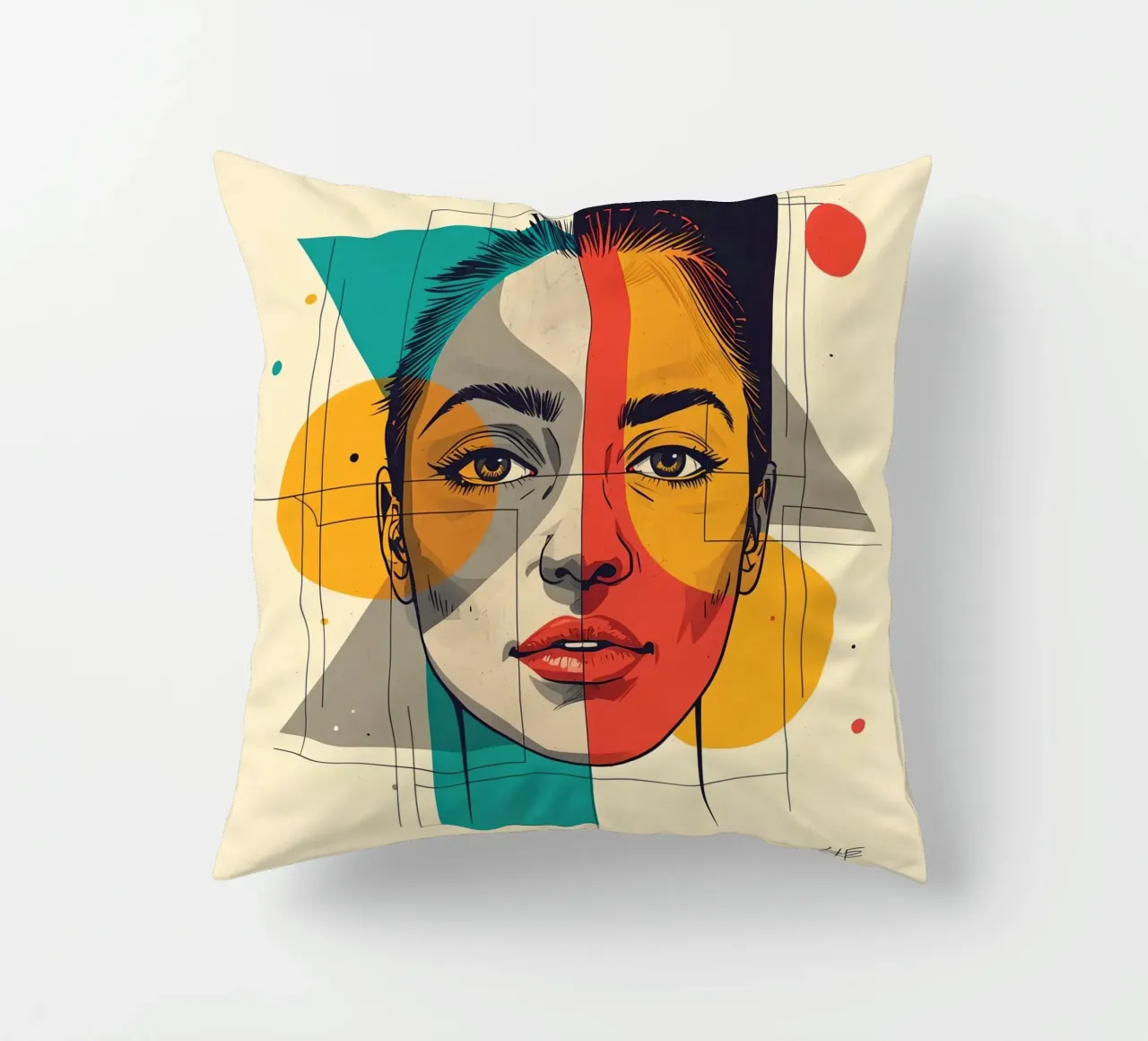 Ritratto geometrico di una donna con schema di colori diviso cuscino da DesignDoodle