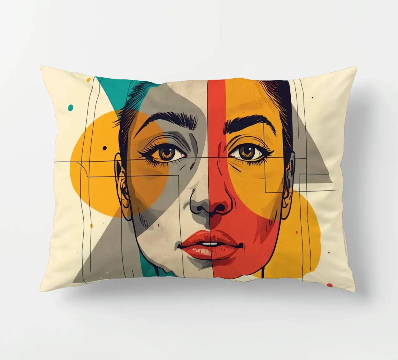 Ritratto geometrico di una donna con schema di colori diviso cuscino da DesignDoodle