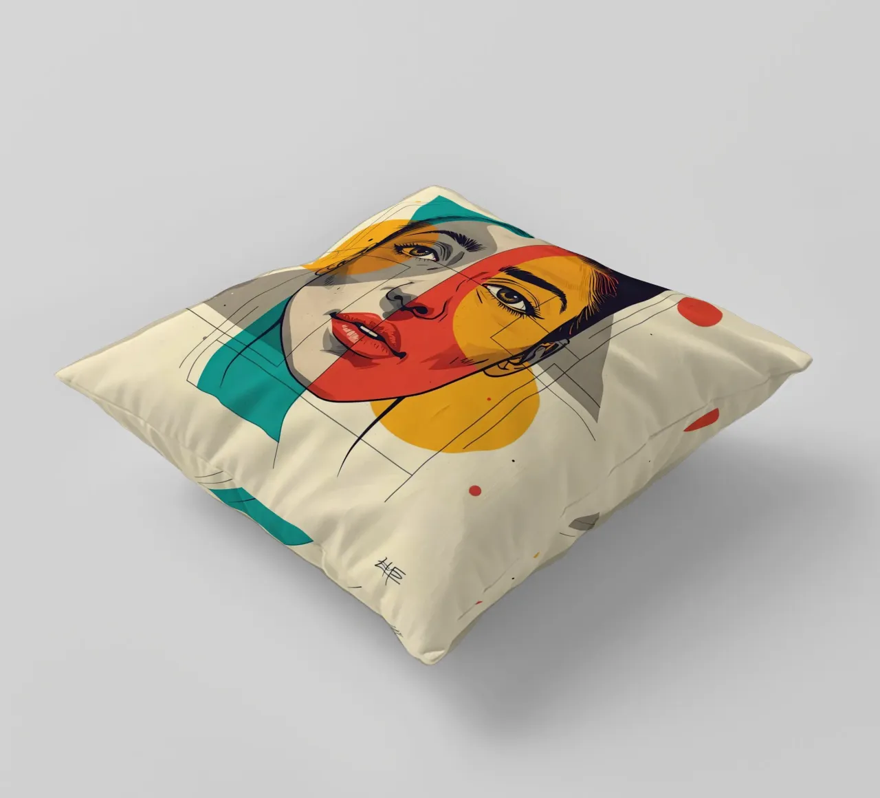 Ritratto geometrico di una donna con schema di colori diviso cuscino da DesignDoodle