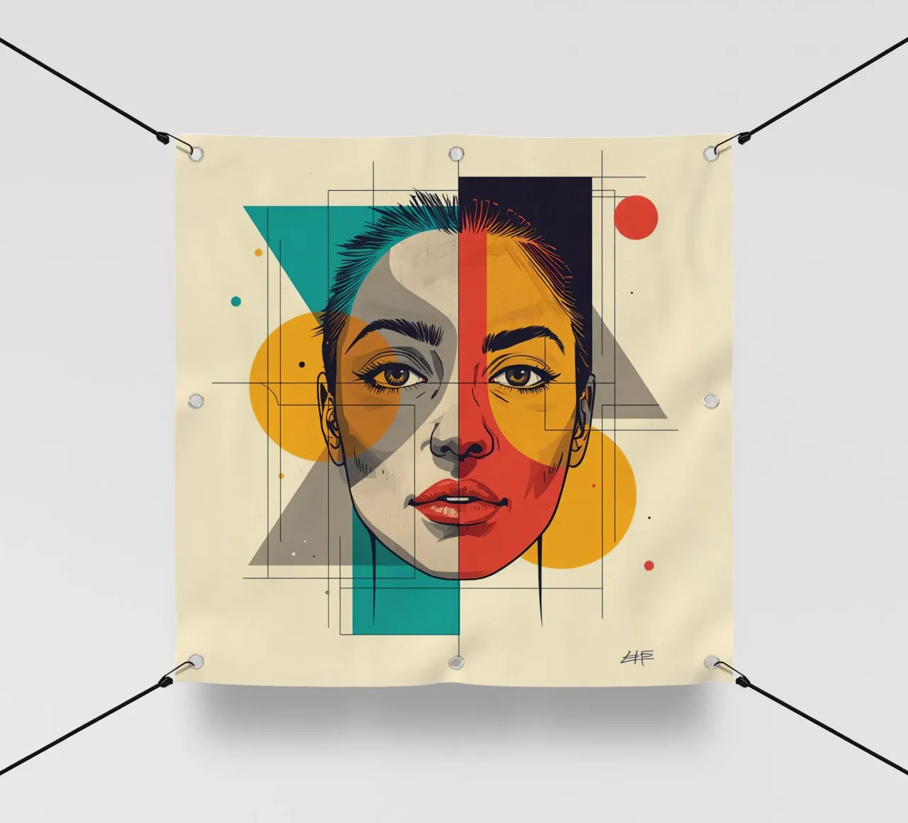 Ritratto geometrico di una donna con schema di colori diviso telo in pvc da DesignDoodle