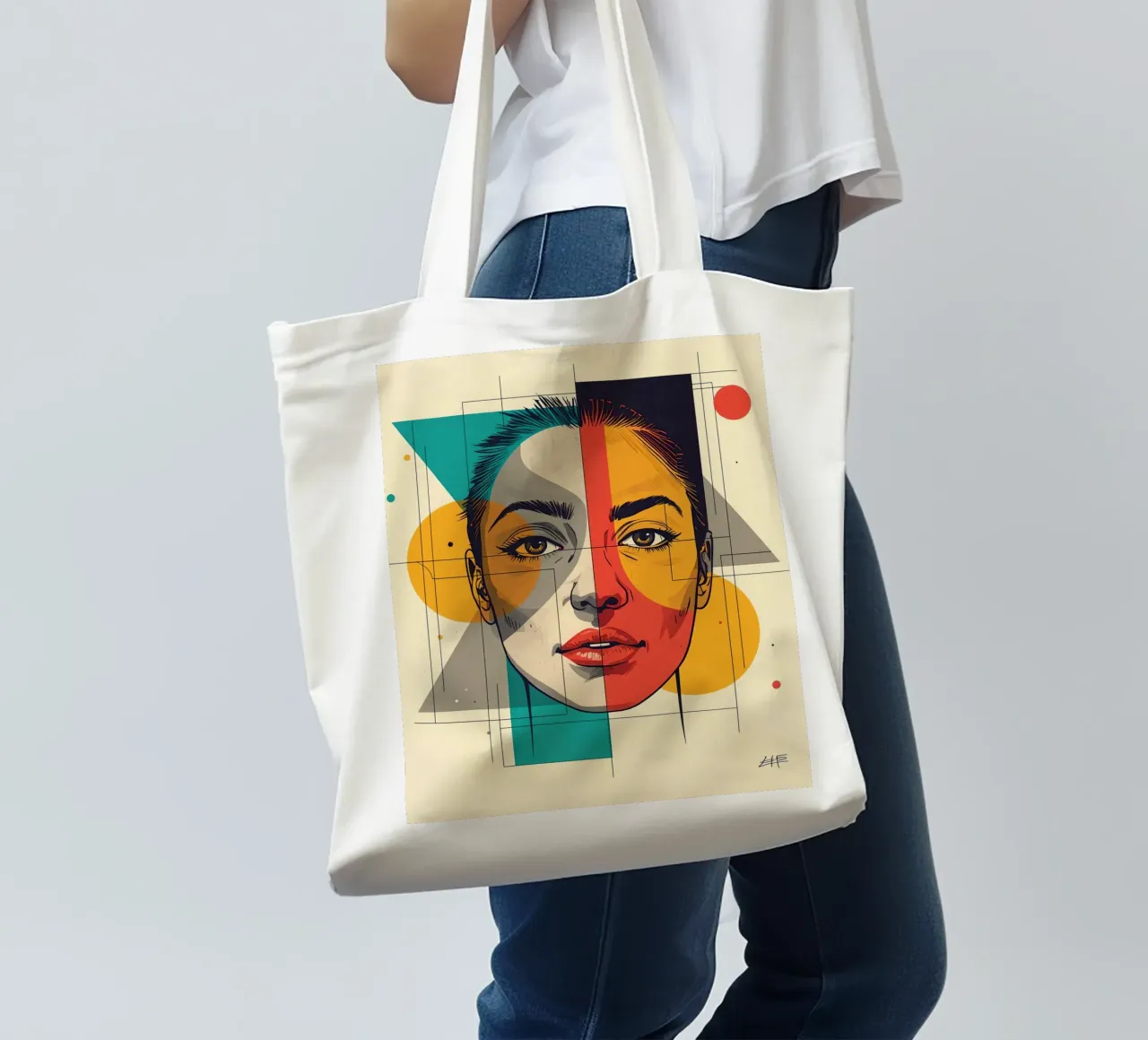 Ritratto geometrico di una donna con schema di colori diviso borsa in juta da DesignDoodle