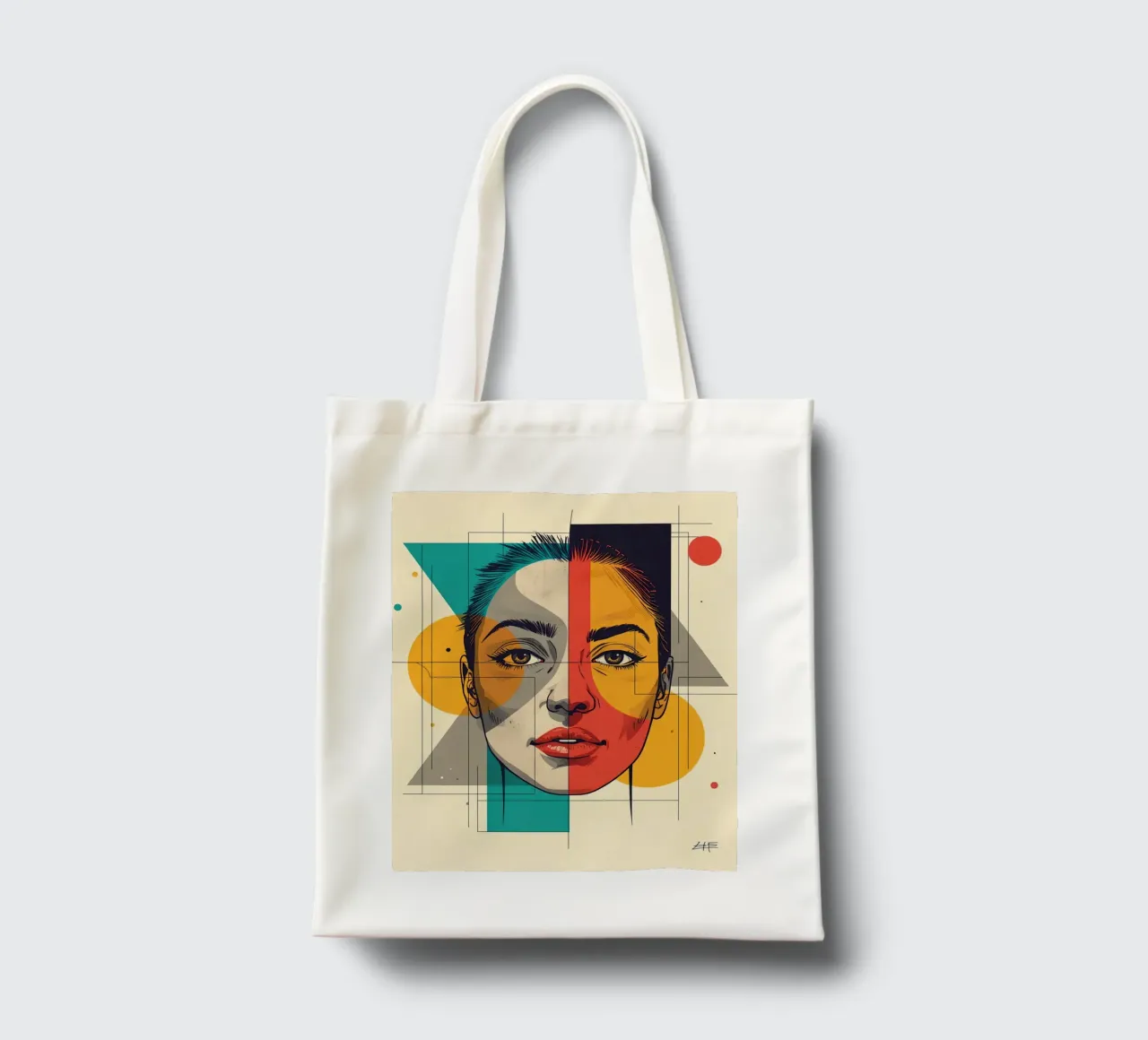 Ritratto geometrico di una donna con schema di colori diviso borsa in juta da DesignDoodle
