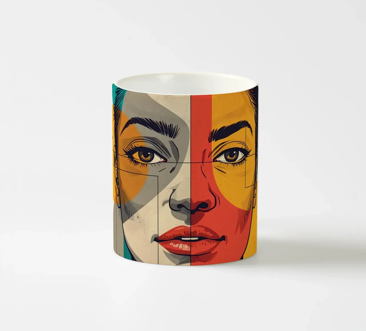 Ritratto geometrico di una donna con schema di colori diviso tazza in ceramica da DesignDoodle