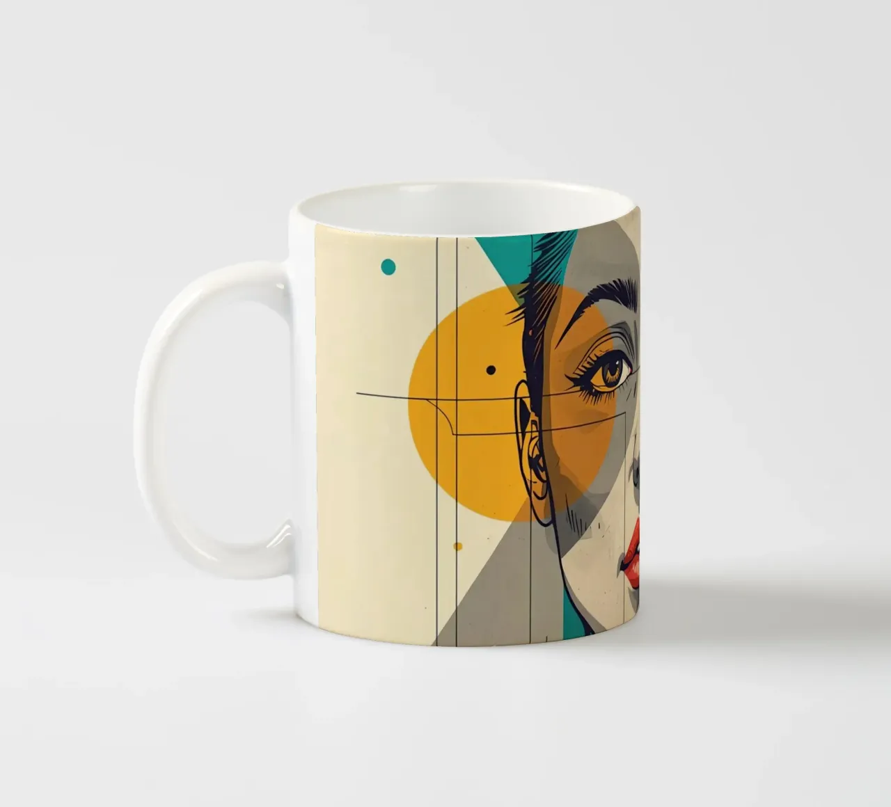 Ritratto geometrico di una donna con schema di colori diviso tazza in ceramica da DesignDoodle