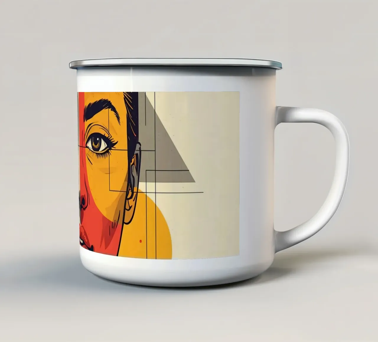 Ritratto geometrico di una donna con schema di colori diviso tazza in smalto da DesignDoodle