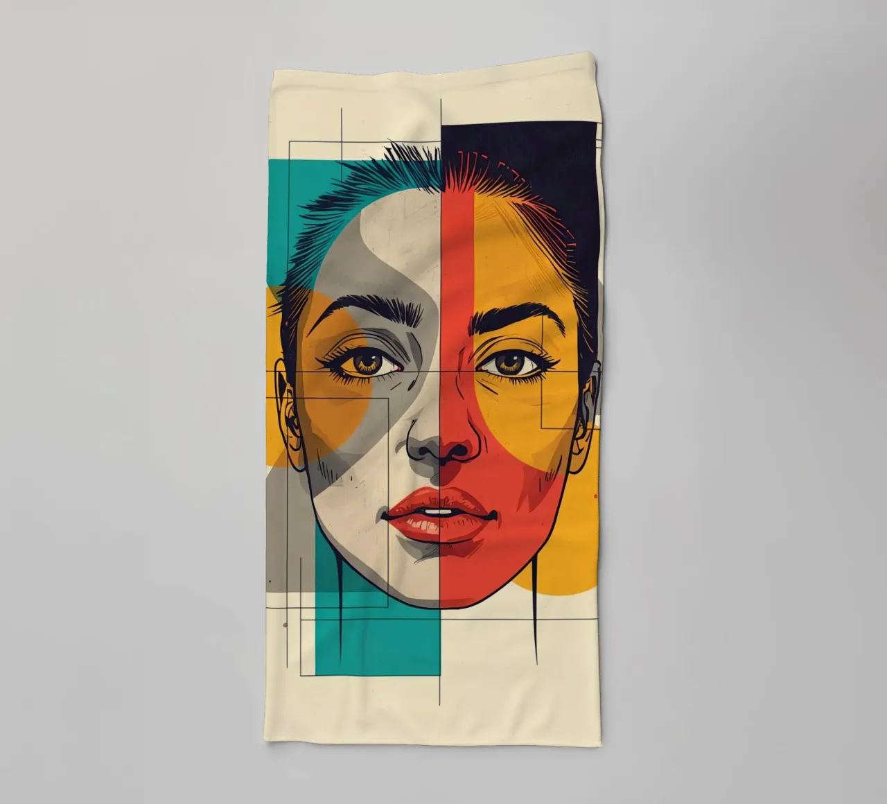 Ritratto geometrico di una donna con schema di colori diviso asciugamano da bagno da DesignDoodle