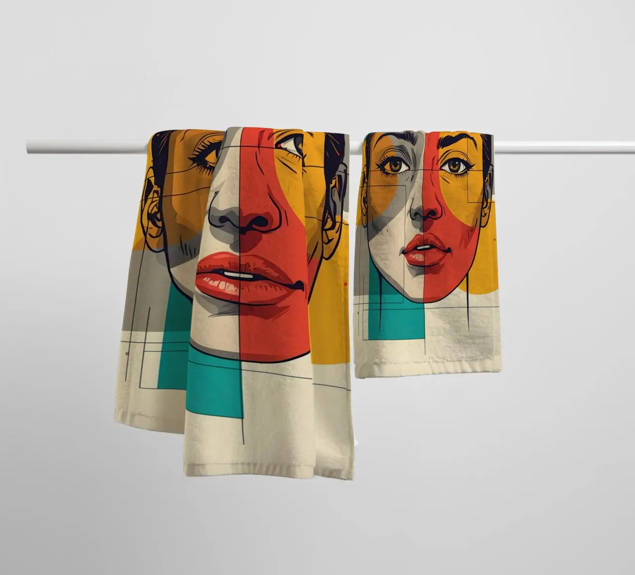 Ritratto geometrico di una donna con schema di colori diviso asciugamano da bagno da DesignDoodle