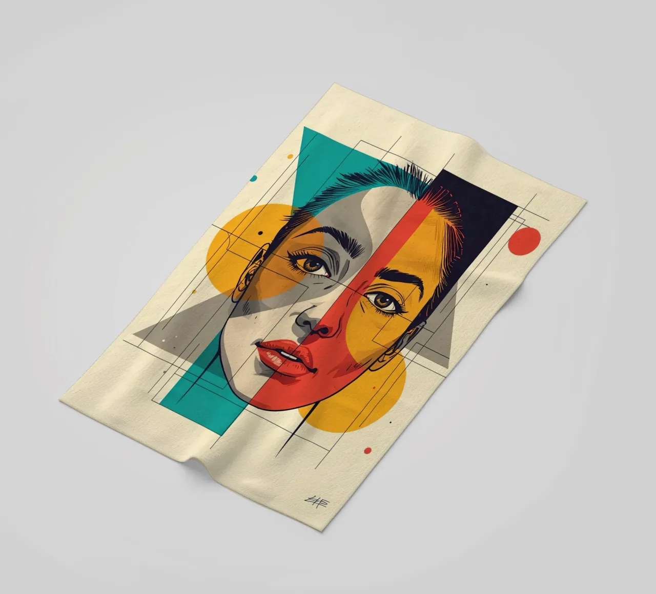 Ritratto geometrico di una donna con schema di colori diviso telo mare da DesignDoodle