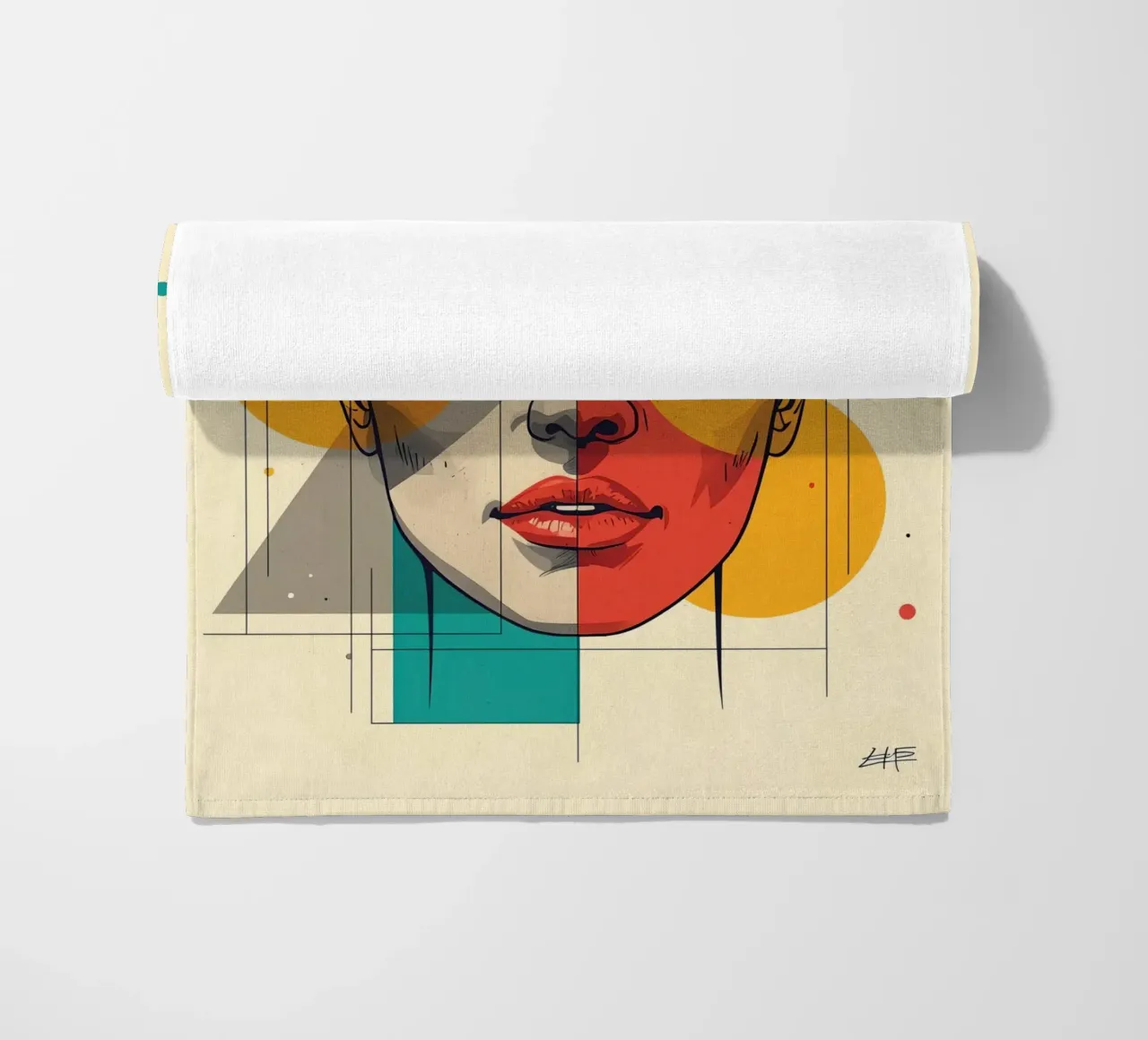 Ritratto geometrico di una donna con schema di colori diviso telo mare da DesignDoodle