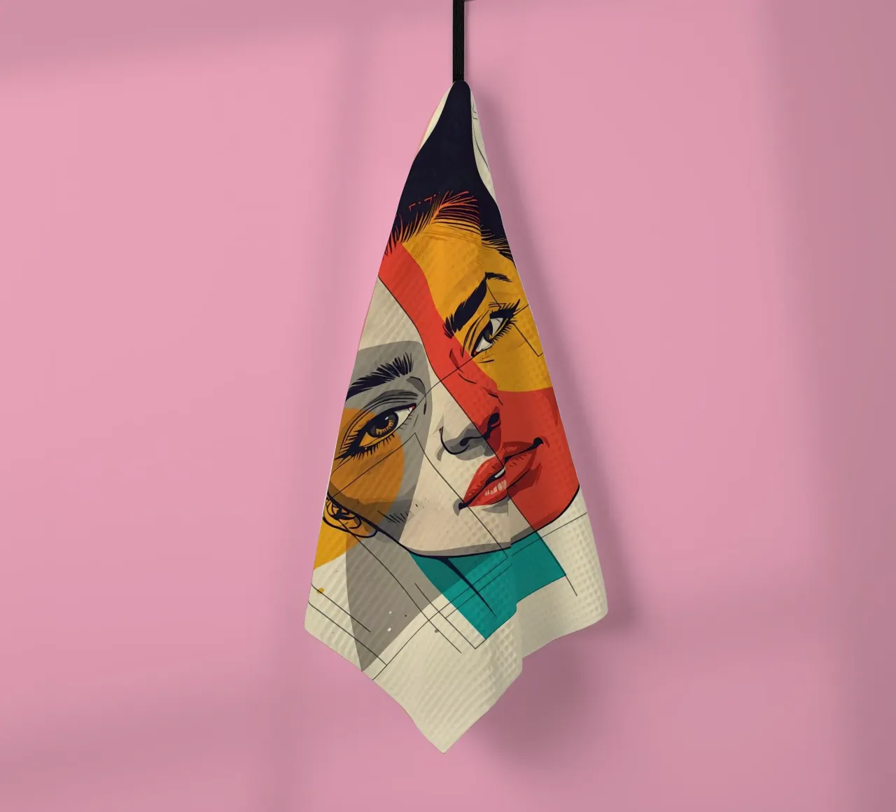 Ritratto geometrico di una donna con schema di colori diviso canovaccio da cucina da DesignDoodle