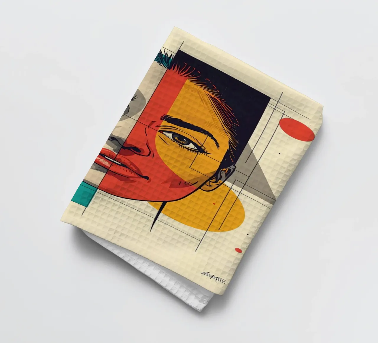 Ritratto geometrico di una donna con schema di colori diviso canovaccio da cucina da DesignDoodle