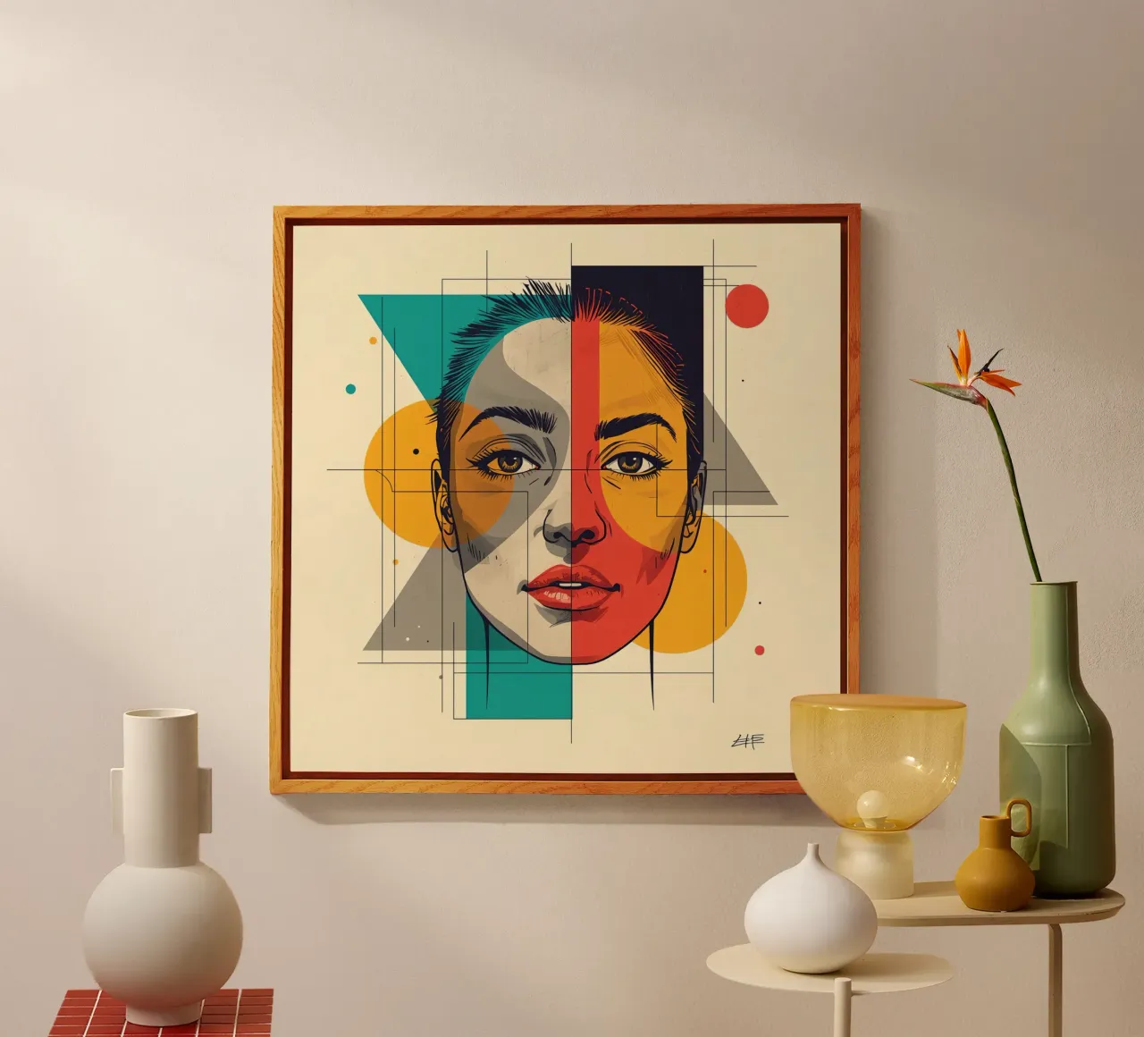Ritratto geometrico di una donna con schema di colori diviso plexiglass da DesignDoodle