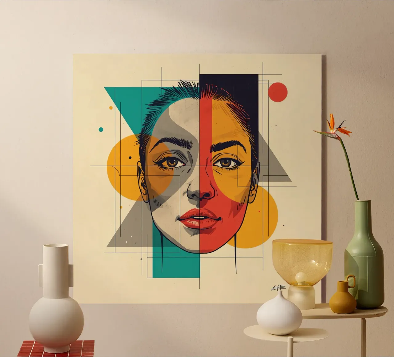 Ritratto geometrico di una donna con schema di colori diviso plexiglass da DesignDoodle