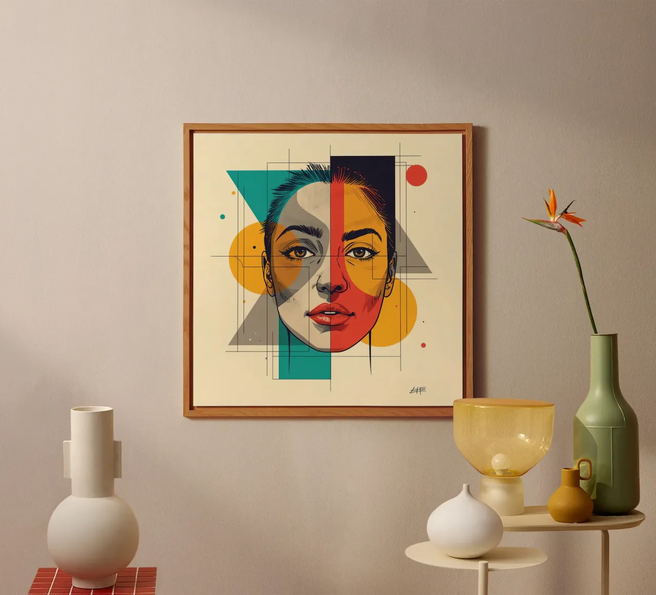 Ritratto geometrico di una donna con schema di colori diviso alluminio dibond da DesignDoodle