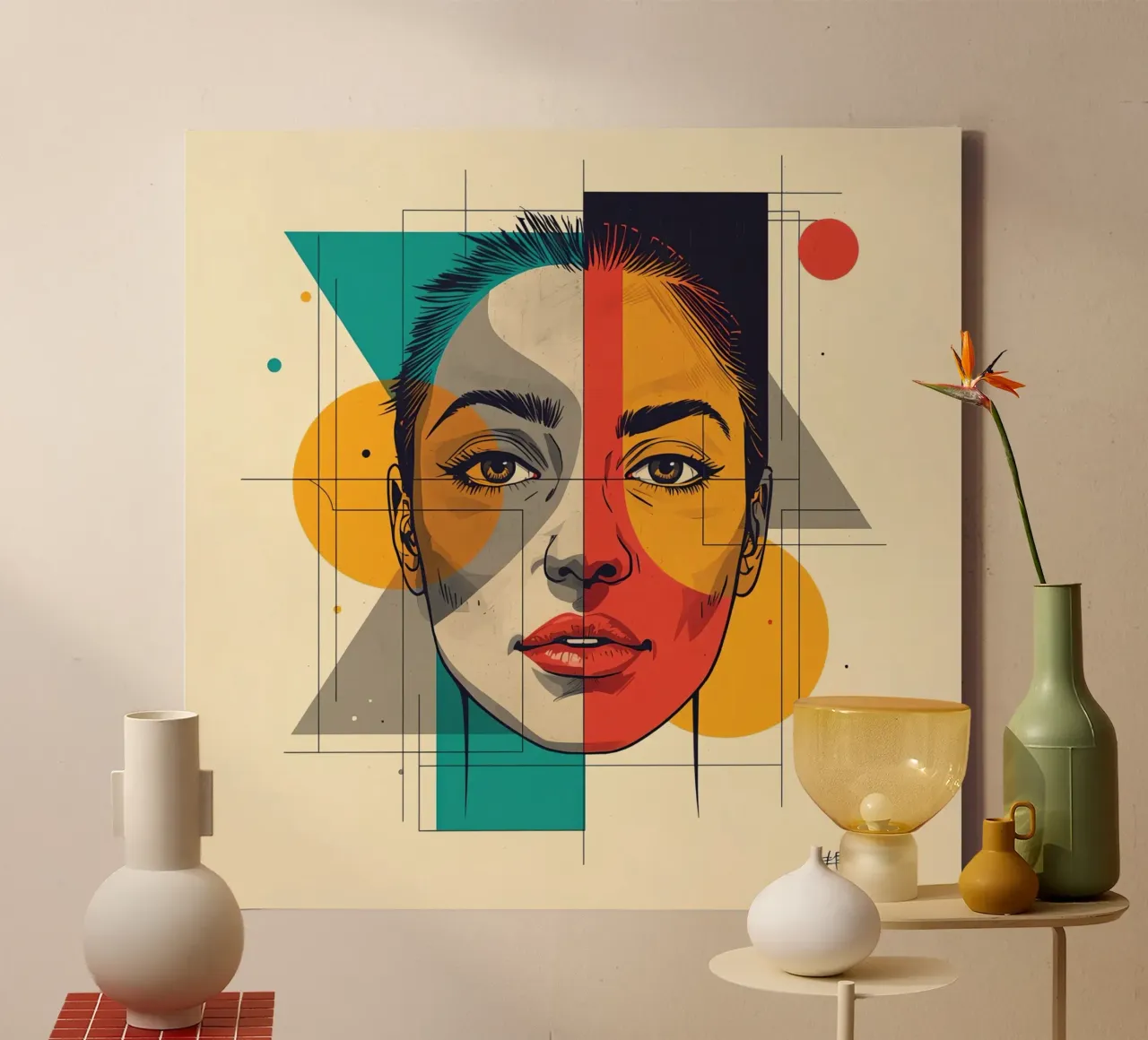 Ritratto geometrico di una donna con schema di colori diviso tela con Cornice a cassetta da DesignDoodle