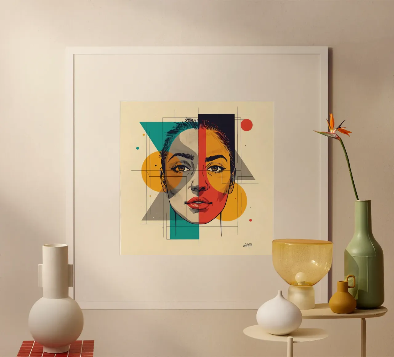 Ritratto geometrico di una donna con schema di colori diviso poster con telaio in legno da DesignDoodle