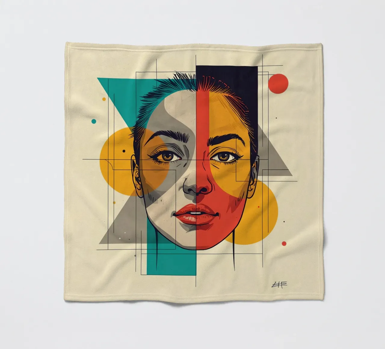 Ritratto geometrico di una donna con schema di colori diviso coperta in pile da DesignDoodle