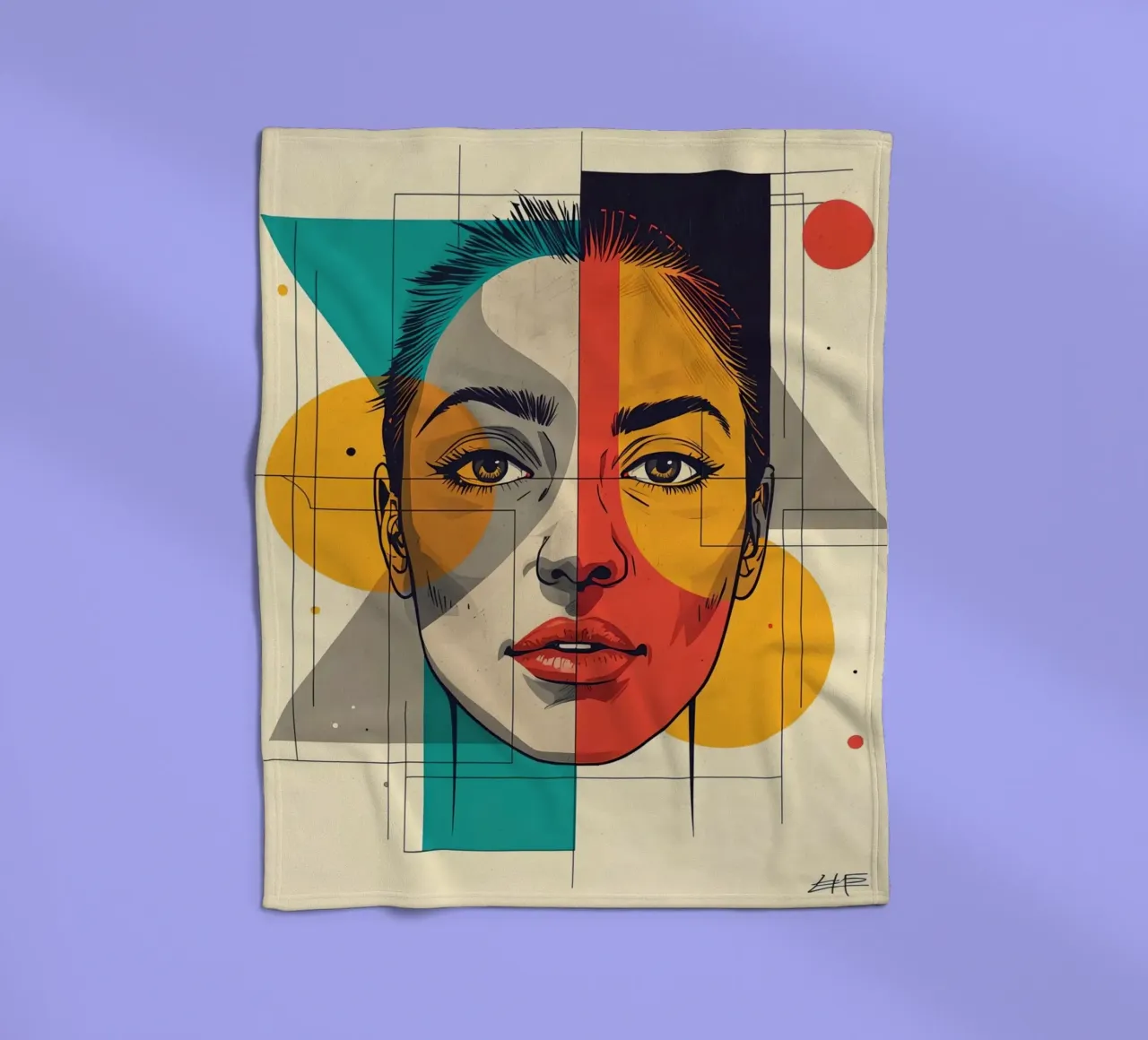 Ritratto geometrico di una donna con schema di colori diviso coperta in pile da DesignDoodle