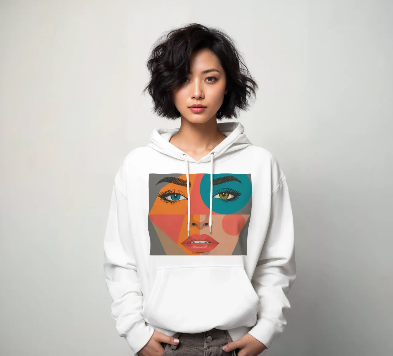 Ritratto geometrico di un volto di donna con colori differenti felpa con cappuccio da DesignDoodle