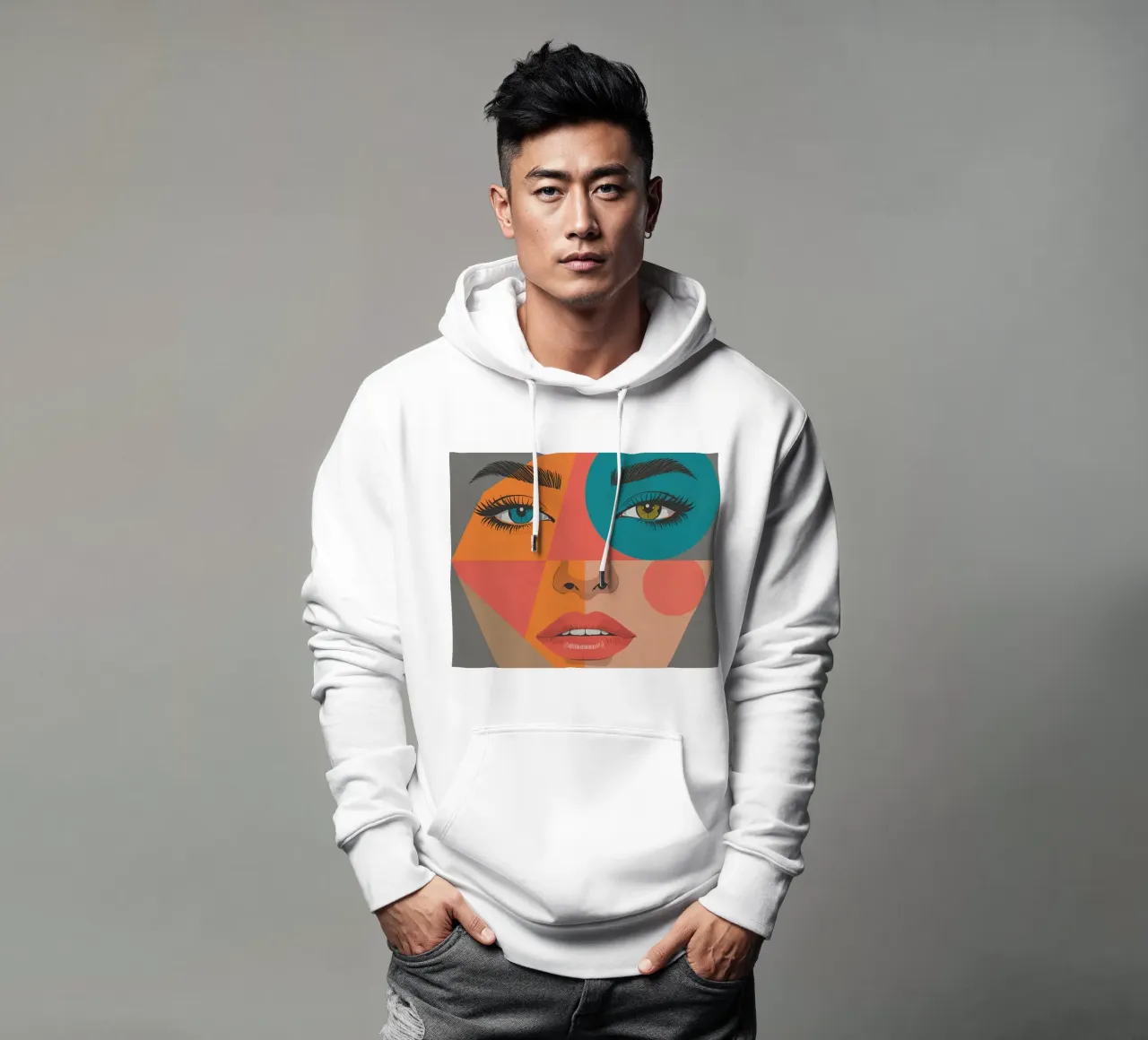 Ritratto geometrico di un volto di donna con colori differenti felpa con cappuccio da DesignDoodle