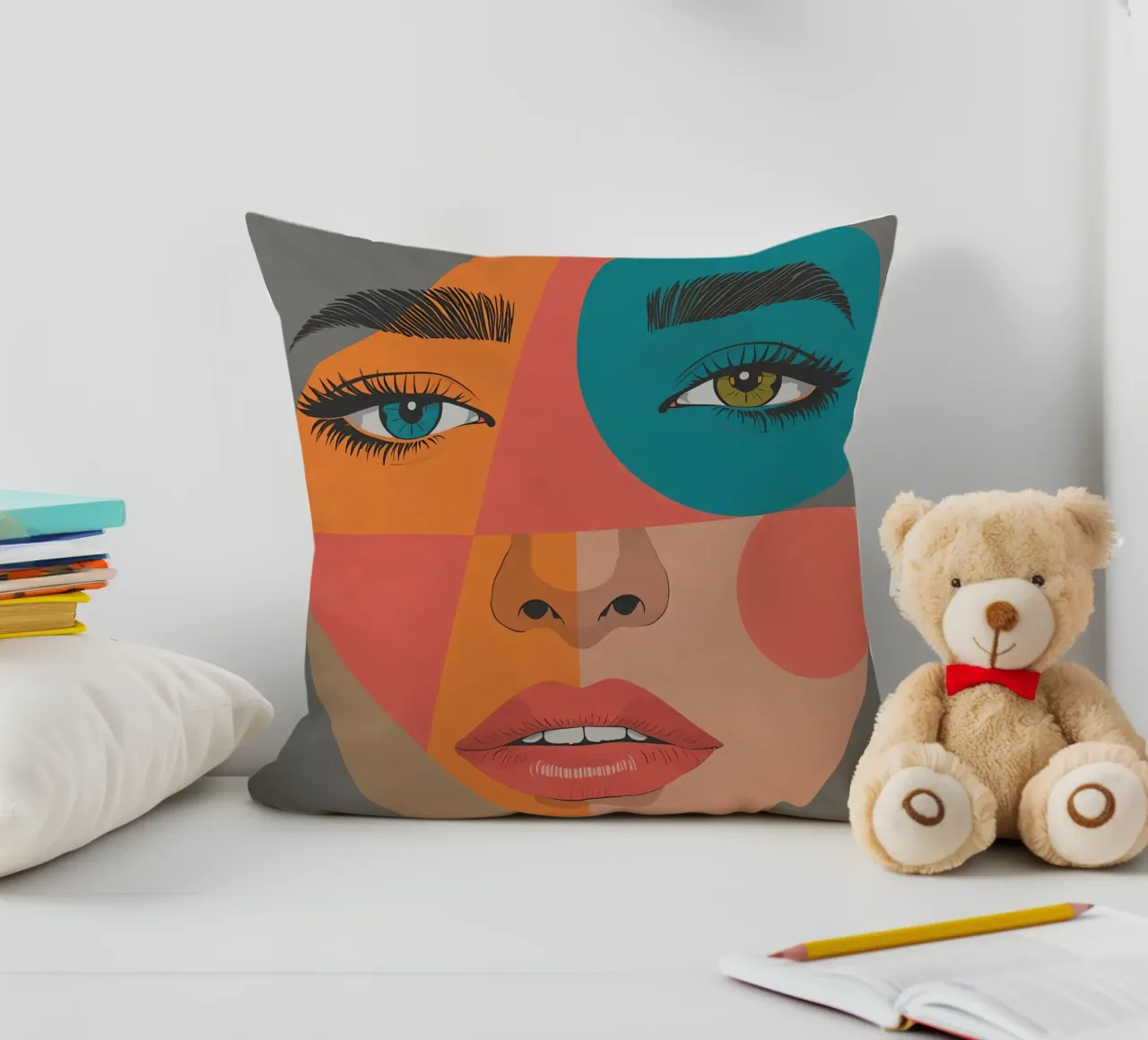 Ritratto geometrico di un volto di donna con colori differenti cuscino da DesignDoodle