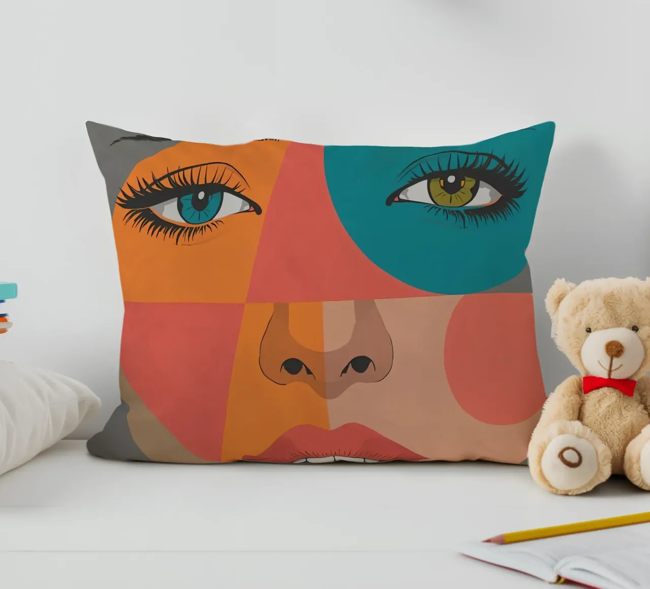 Ritratto geometrico di un volto di donna con colori differenti cuscino da DesignDoodle