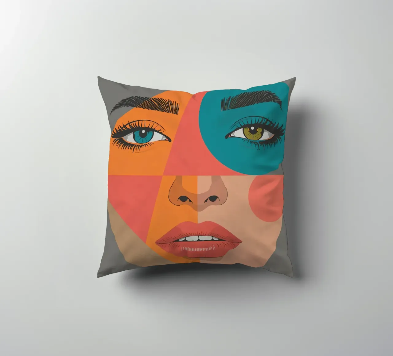 Ritratto geometrico di un volto di donna con colori differenti cuscino da DesignDoodle