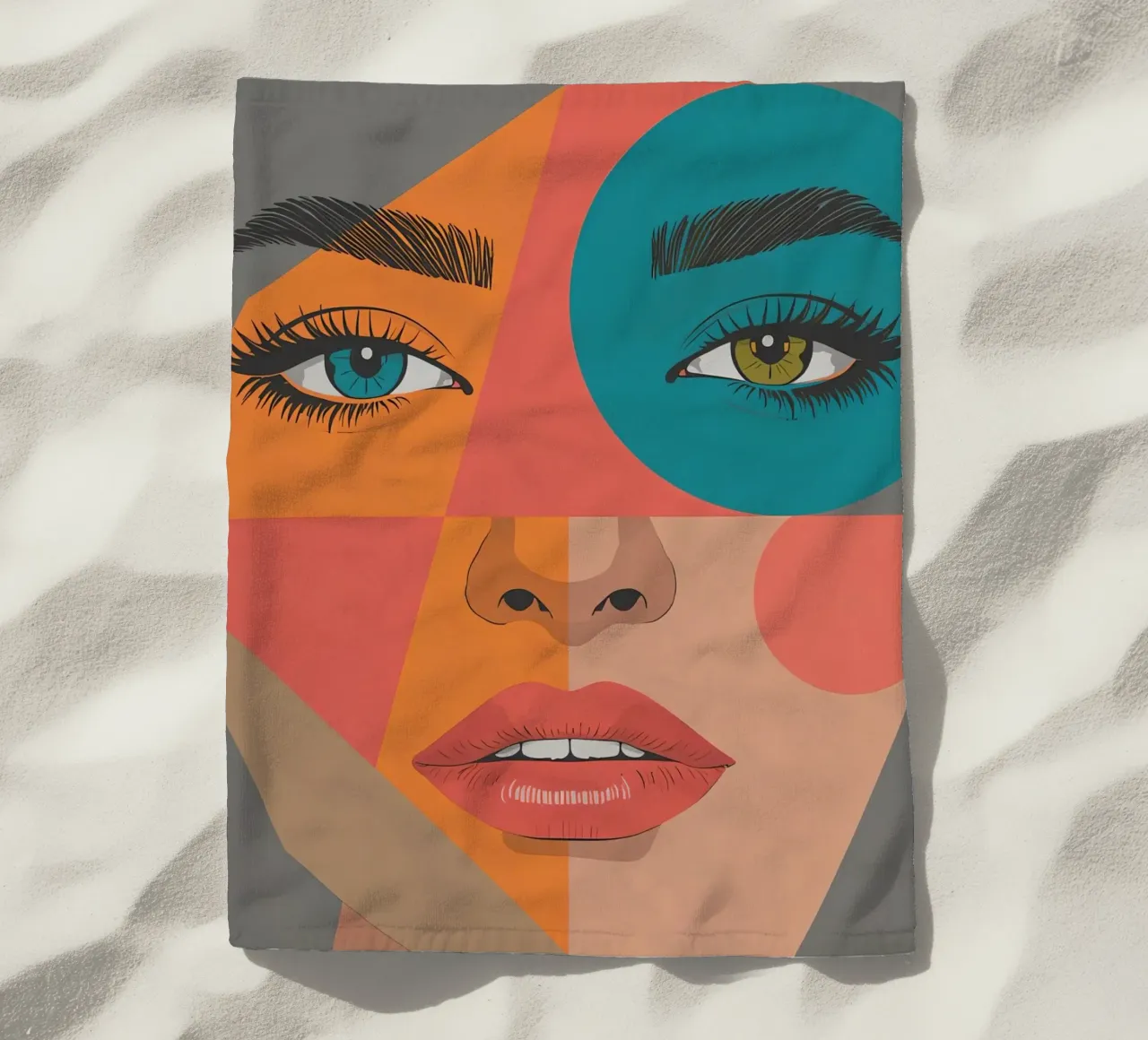 Ritratto geometrico di un volto di donna con colori differenti telo mare da DesignDoodle