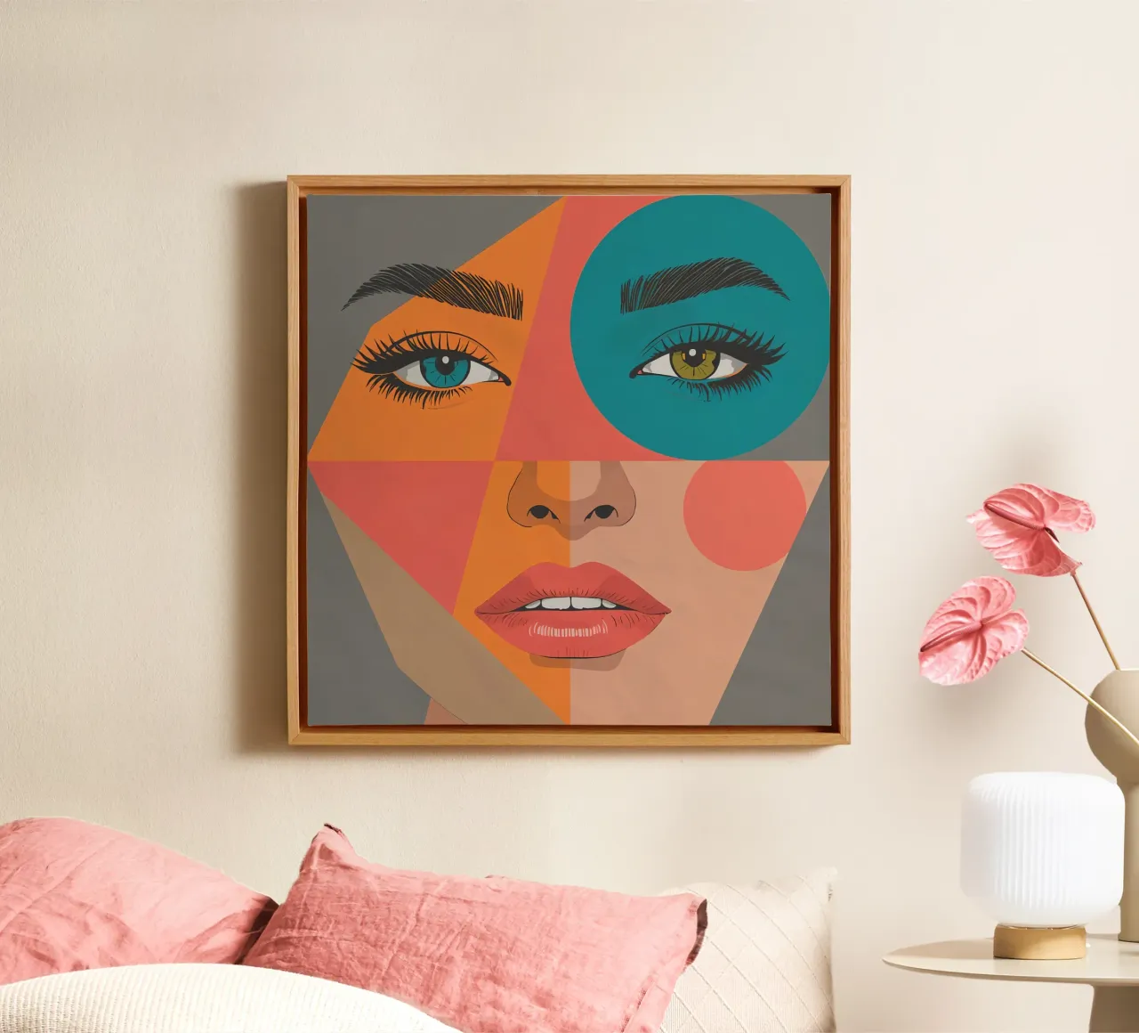 Ritratto geometrico di un volto di donna con colori differenti tela con Cornice a cassetta da DesignDoodle