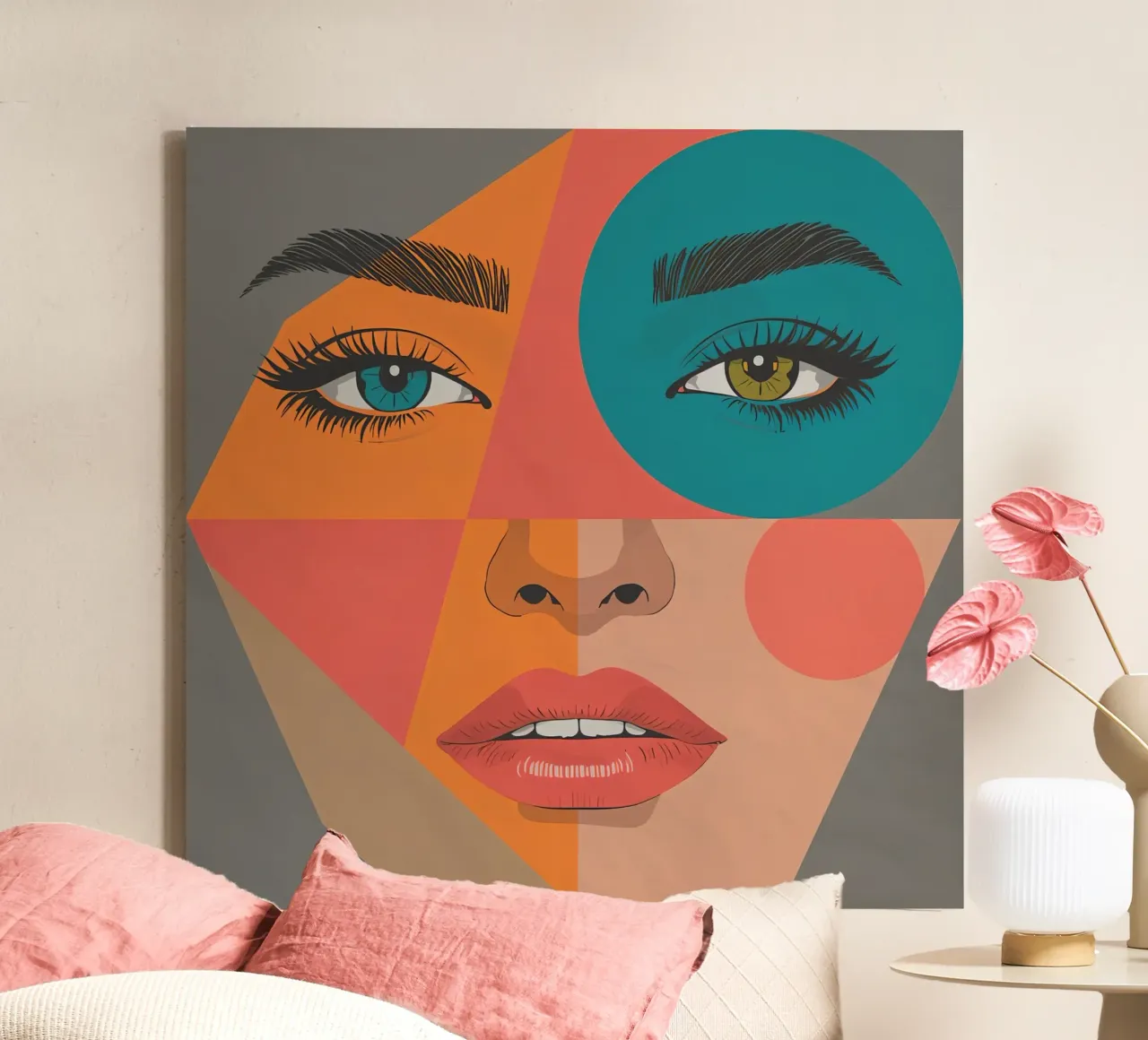 Ritratto geometrico di un volto di donna con colori differenti tela con Cornice a cassetta da DesignDoodle