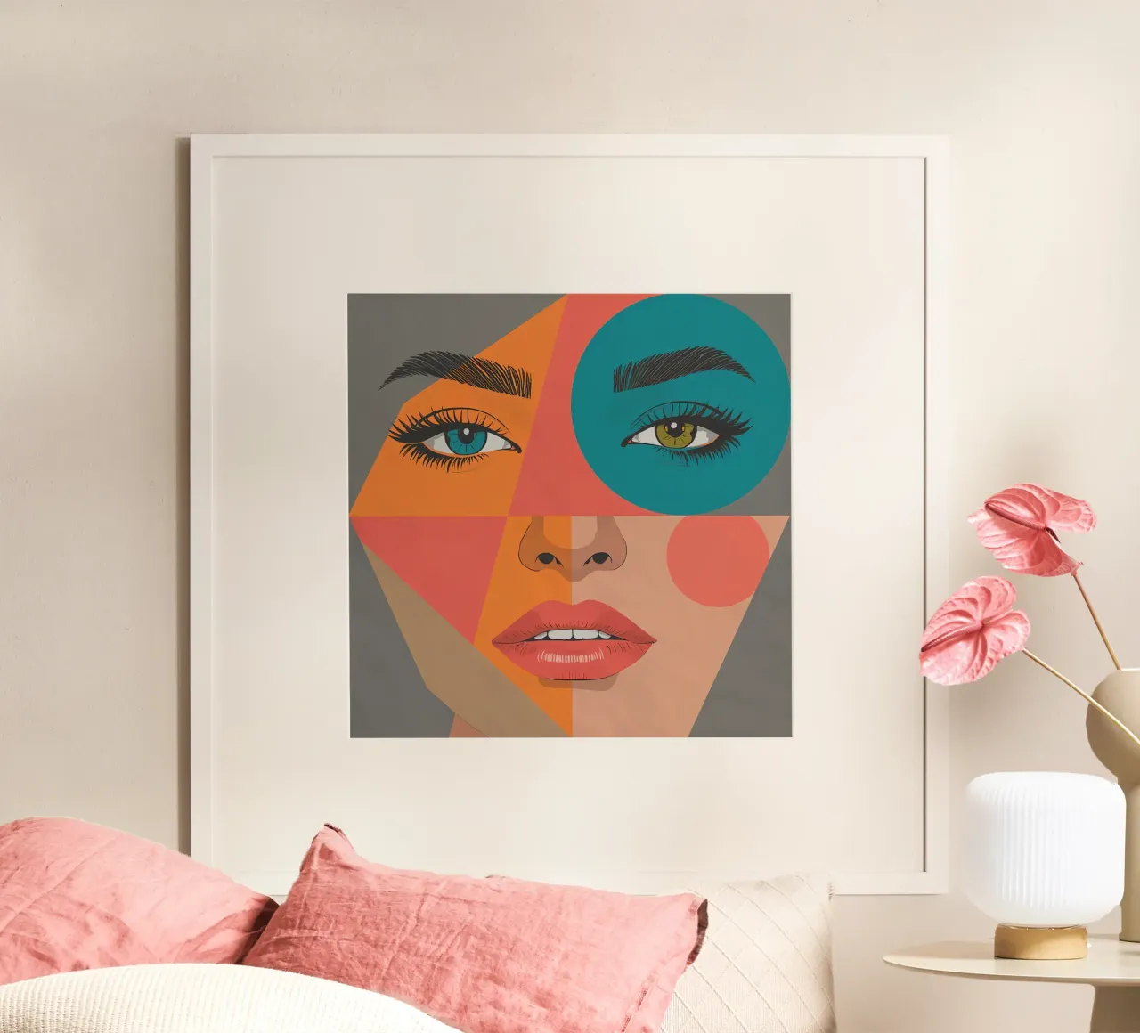 Ritratto geometrico di un volto di donna con colori differenti poster con telaio in legno da DesignDoodle