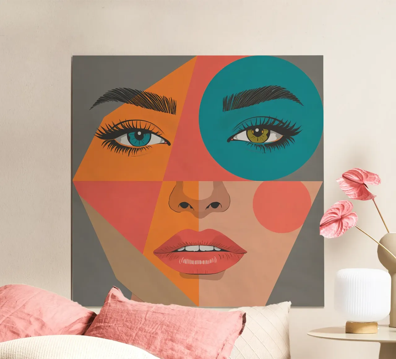 Ritratto geometrico di un volto di donna con colori differenti poster con telaio in legno da DesignDoodle