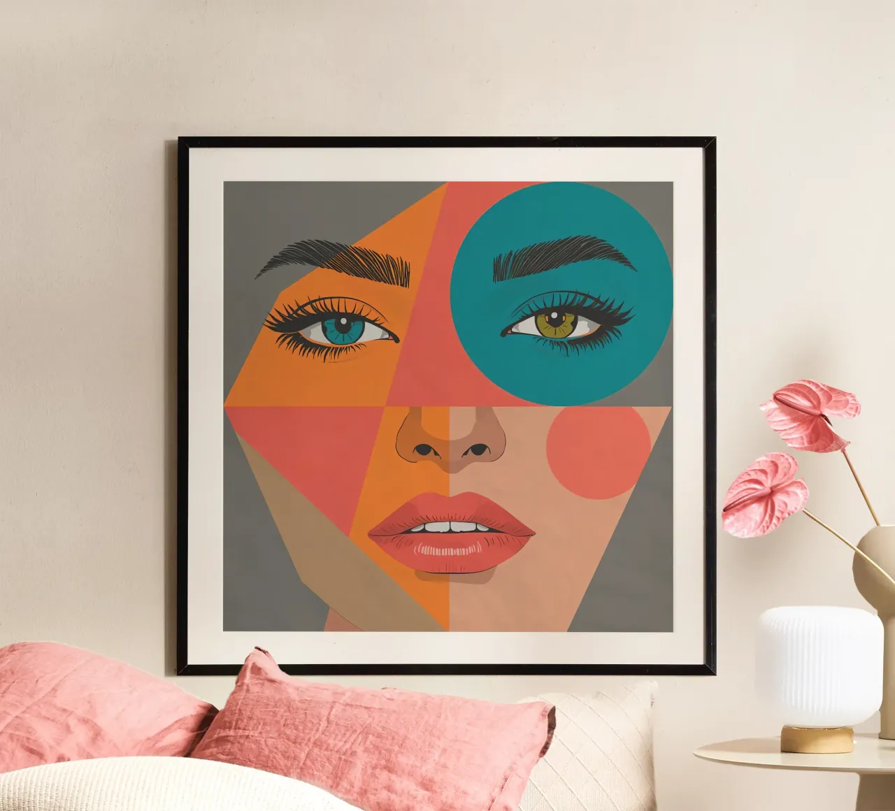 Portrait géométrique d'un visage de femme avec des couleurs différentes poster de DesignDoodle