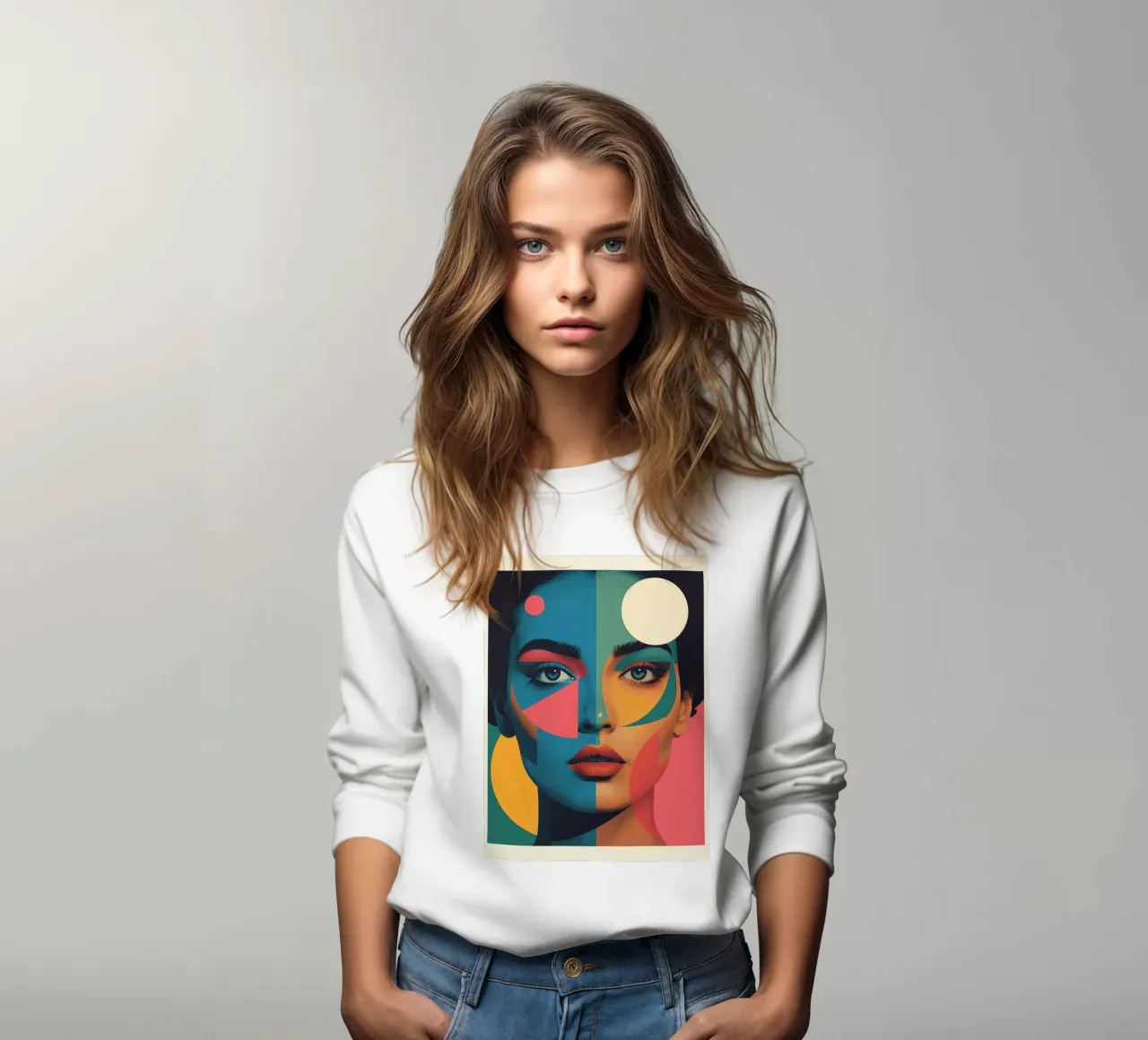 Ritratto di donna geometrica moderna con schema di colori diviso felpa da DesignDoodle