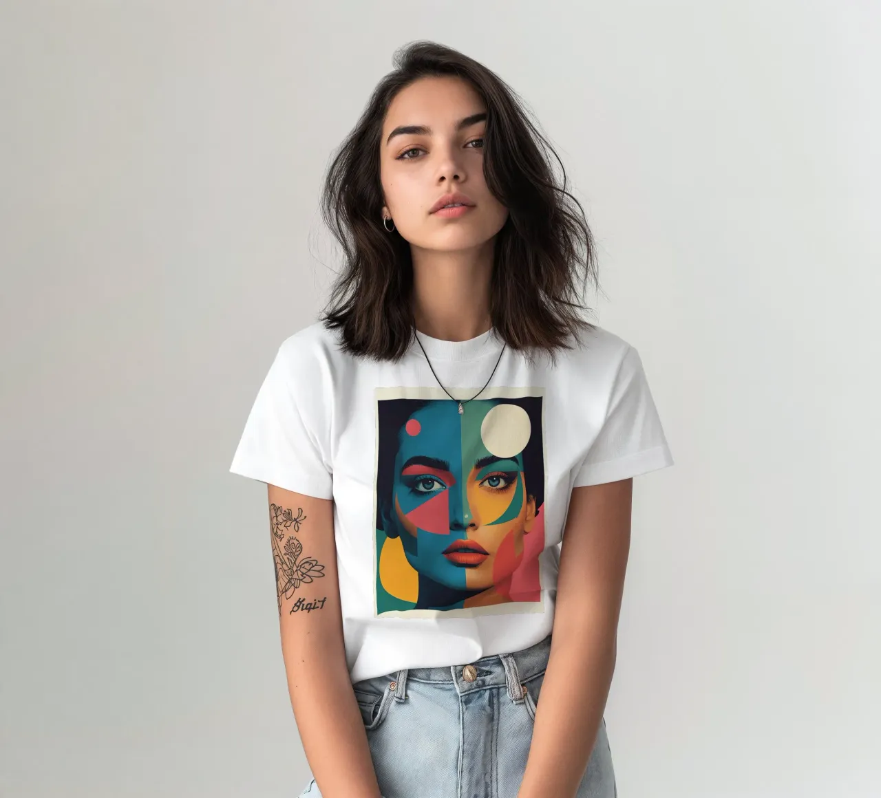 Ritratto di donna geometrica moderna con schema di colori diviso t-shirt da DesignDoodle