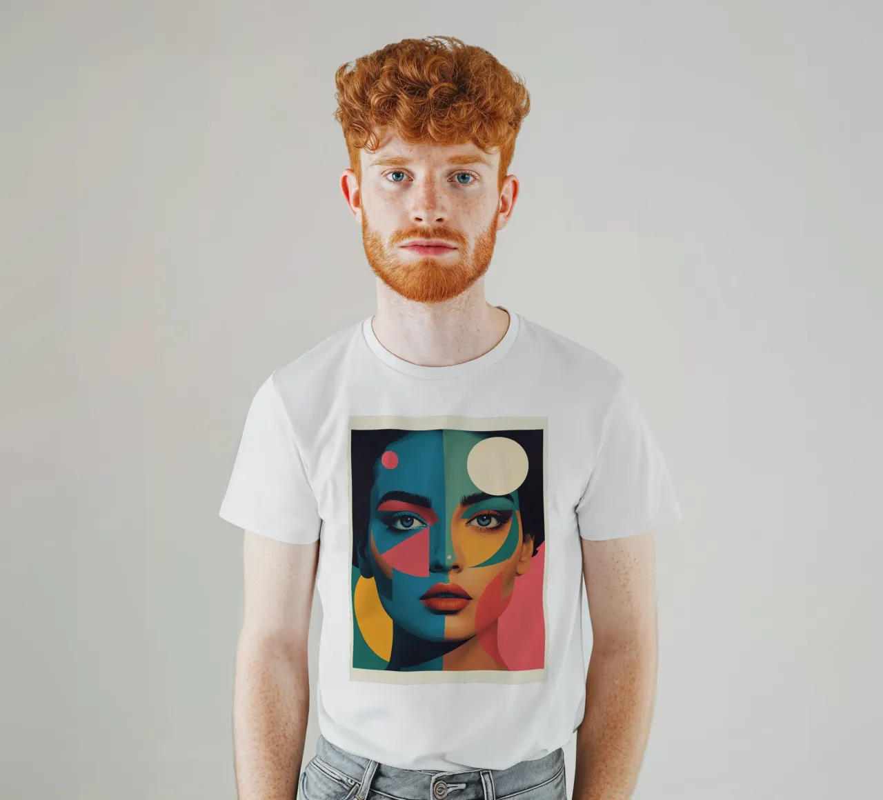 Ritratto di donna geometrica moderna con schema di colori diviso t-shirt da DesignDoodle