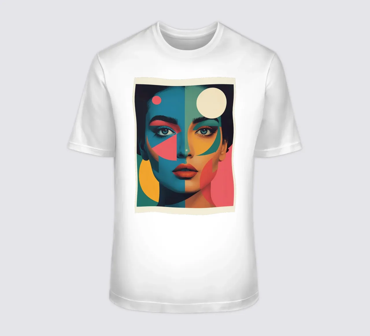 Ritratto di donna geometrica moderna con schema di colori diviso t-shirt da DesignDoodle